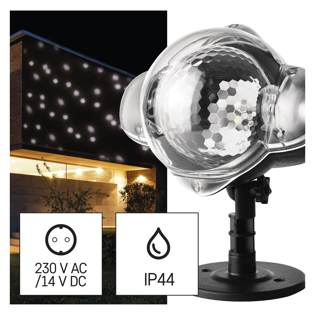EMOS Schneefall LED Projektor,weiß,fliegender Schnee,effektvolle Wandbeleuchtung,Fassaden-,Wand- und Mauer-Projektion,IP44,Weihnachtsbeleuchtung für Außen & Innen,3m Kabel, Schwarz, DCPC03