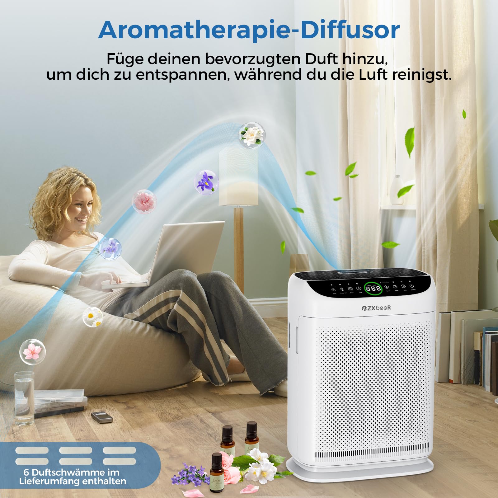 ZXBEER Luftreiniger Allergiker HEPA-Luftreiniger mit CADR 400m³/h（260m²）,zweiseitiger Filtration und waschbarem Filter,20dB Nachtmodus, Timer,Luftreiniger für Haustiere,Schlafzimmer,Staub,Pollen,Weiß