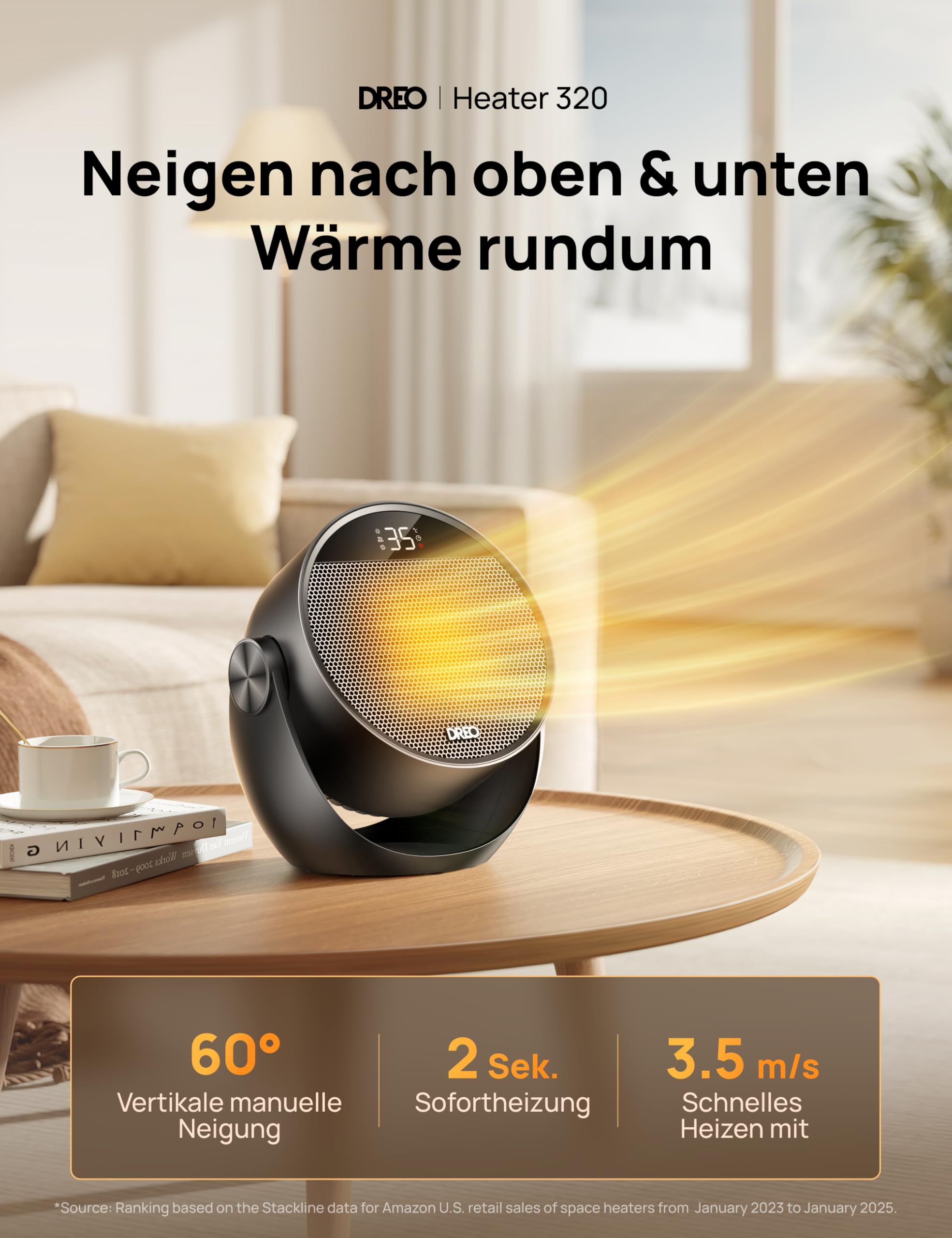 Dreo Heizlüfter Energiesparend Klein, Leiser 1500W Tragbar Heizlüfter mit Fernbedienung, Thermostat, 60° Neigbar, 8 Sicherheitsfunktionen, PTC-Keramik,12-Std-Timer, 3 Modus 3 Geschwindigkeit, Schwarz