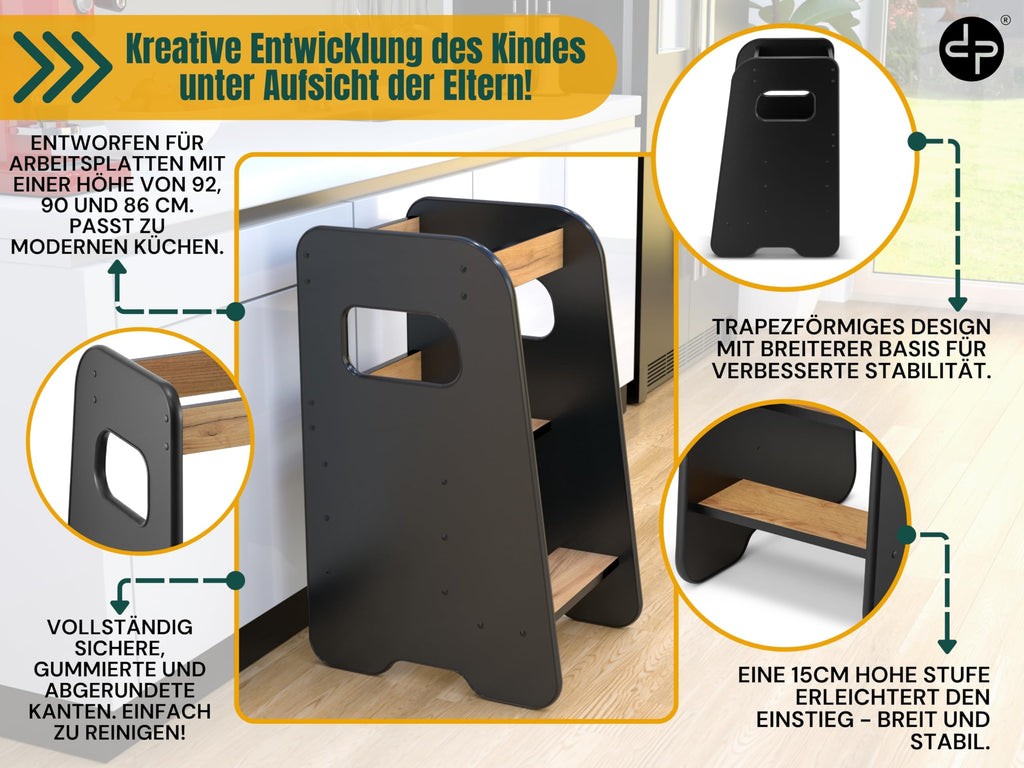 defiPad Lernturm ab 1 Jahr - 3 Stufen Höhenverstellbar, Sicher & Stabil - Learning Tower mit Kippschutz - Lernturm Montessori für Kinder - Hergestellt in der EU - Schwarz & Eiche
