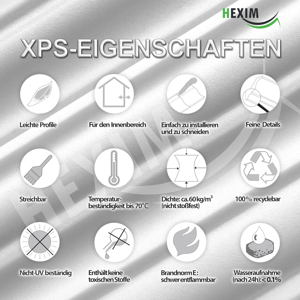 MARBET DESIGN Stuckleisten XPS Styropor weiß - LED indirekte Beleuchtung Stuck Wandleisten Profil E-Leisten - (20 Meter / 10 Leisten E-44)