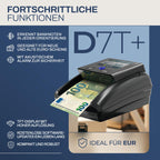 Detectalia D7T+, Falschgeldprüfer, getestet für EUR, GBP, USD, mit 5 Fälschungsprüfungen, mit Alarm, TFT-Display, EZB-Zertifiziert