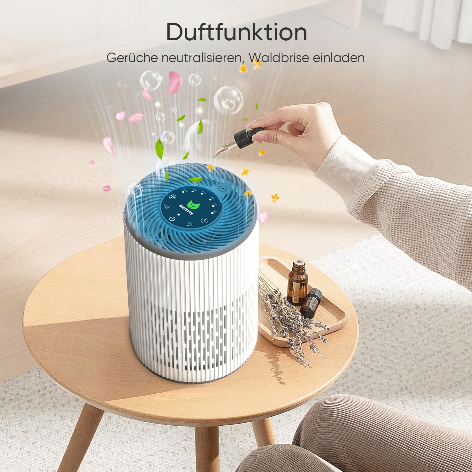 DAYETTE Tragbarer Luftreiniger für Allergiker mit Duftschwamm und blauem Nachtlicht, Timer, Ruhemodus (20 dB), HEPA-Luftfilter gegen Schimmel, Staub, Pollen, Gerüche, Tierhaare