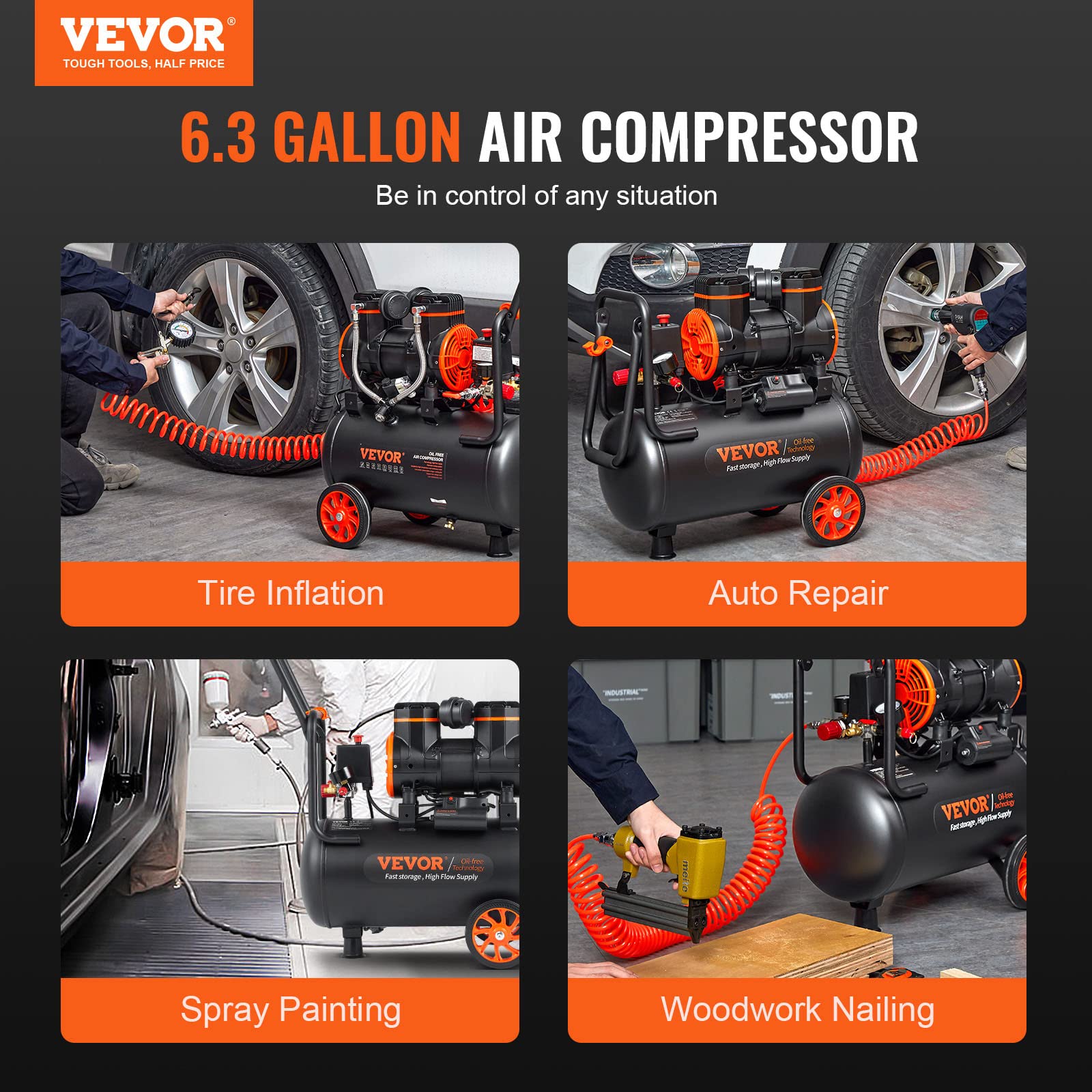 VEVOR Kompressor 24L Silent Druckluftkompressor, 6-8Bar, 1450W(2PS), 3,5 MPa, 2800U/min Ölfreier 70dB Flüsterkompressor mit 2 Rädern, Druckbehälter Autoreparaturen Sprühlackierung Holzarbeiten