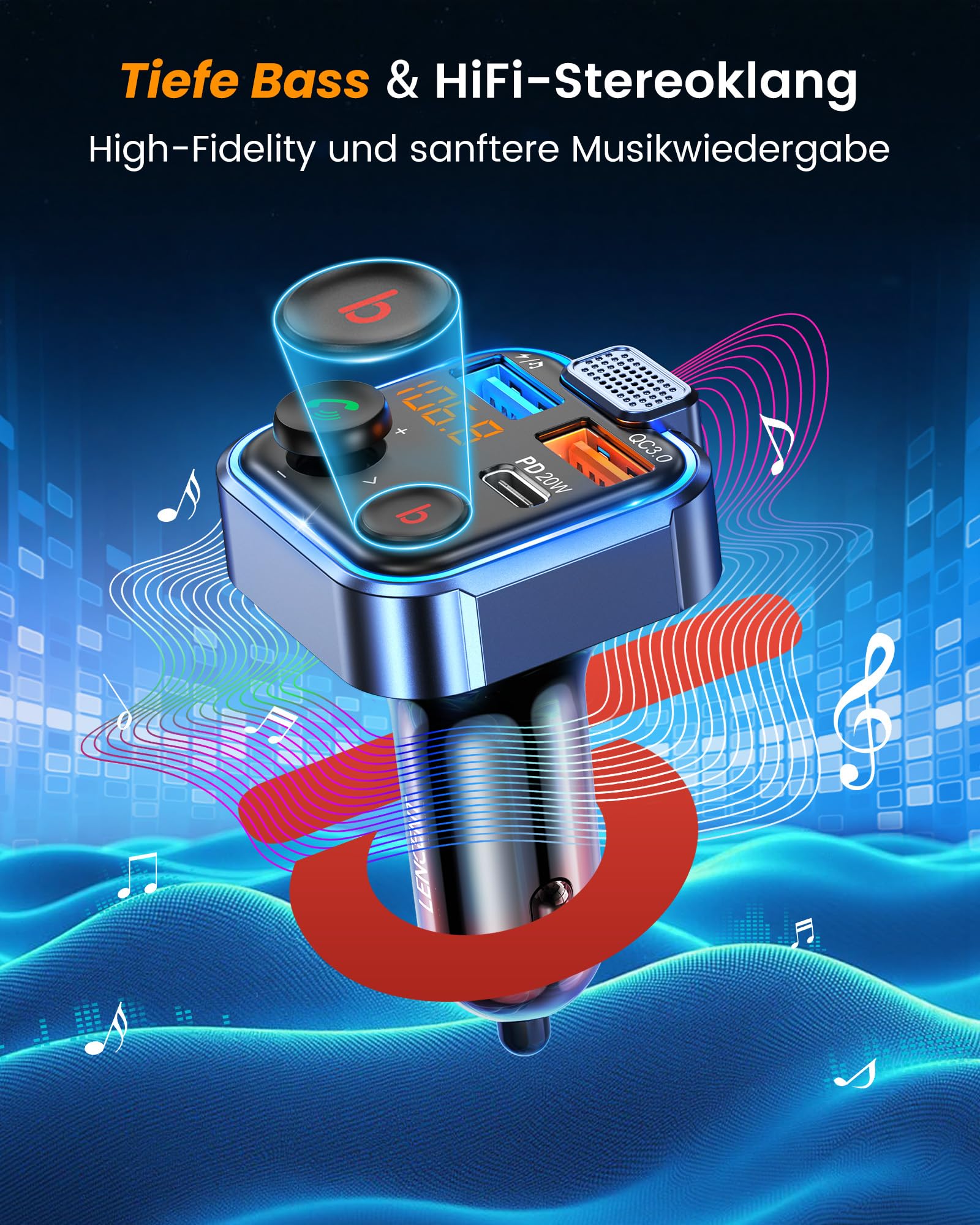LENCENT 38W FM Transmitter Auto Bluetooth V5.3, Radio Deep Bass Musik Schnelles Autoladegerät Zigarettenanzünder, KFZ Bluetooth Adapter Freisprechanlage, Noise Cancelling Mikrofon, Lichtschalter