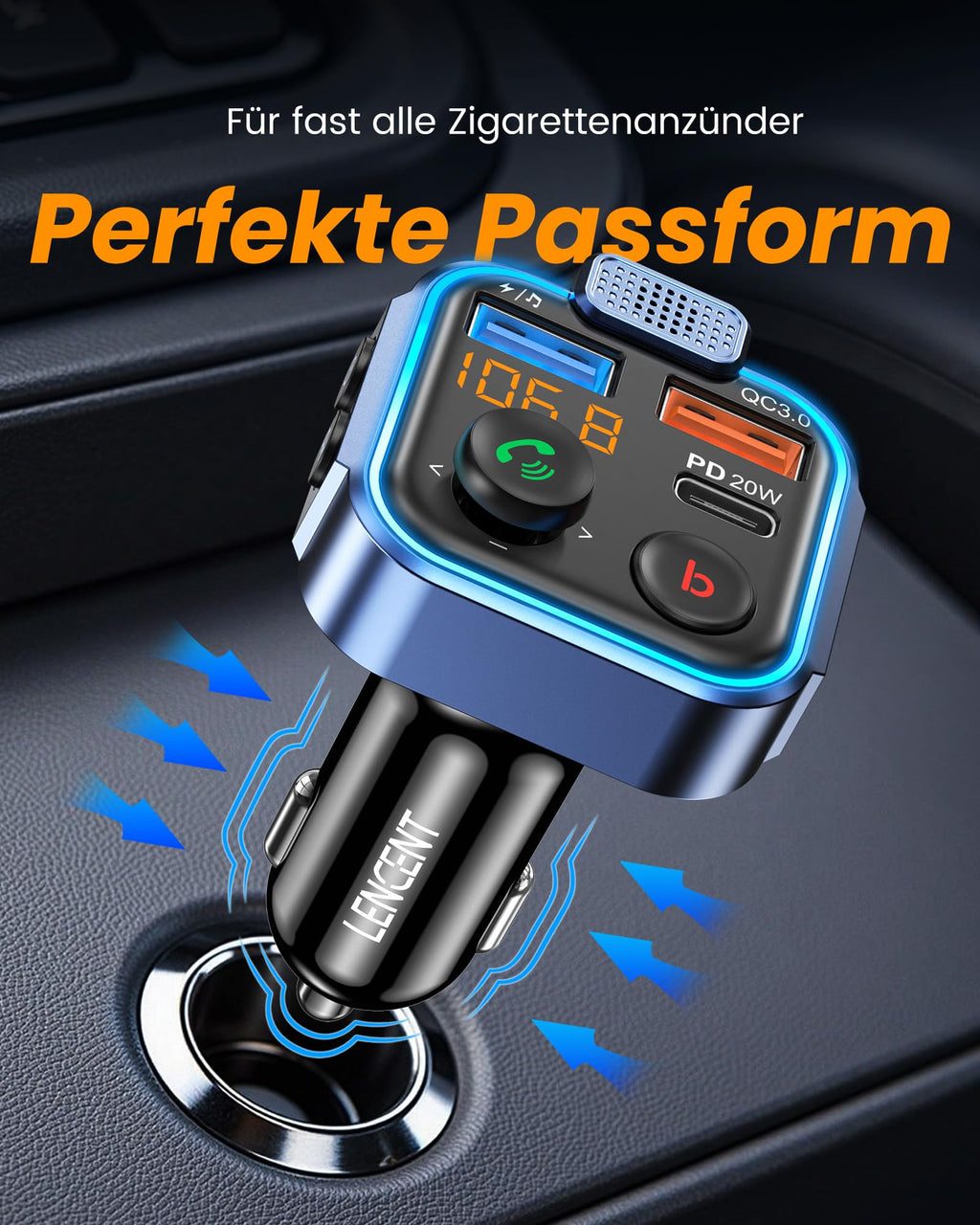 LENCENT 38W FM Transmitter Auto Bluetooth V5.3, Radio Deep Bass Musik Schnelles Autoladegerät Zigarettenanzünder, KFZ Bluetooth Adapter Freisprechanlage, Noise Cancelling Mikrofon, Lichtschalter