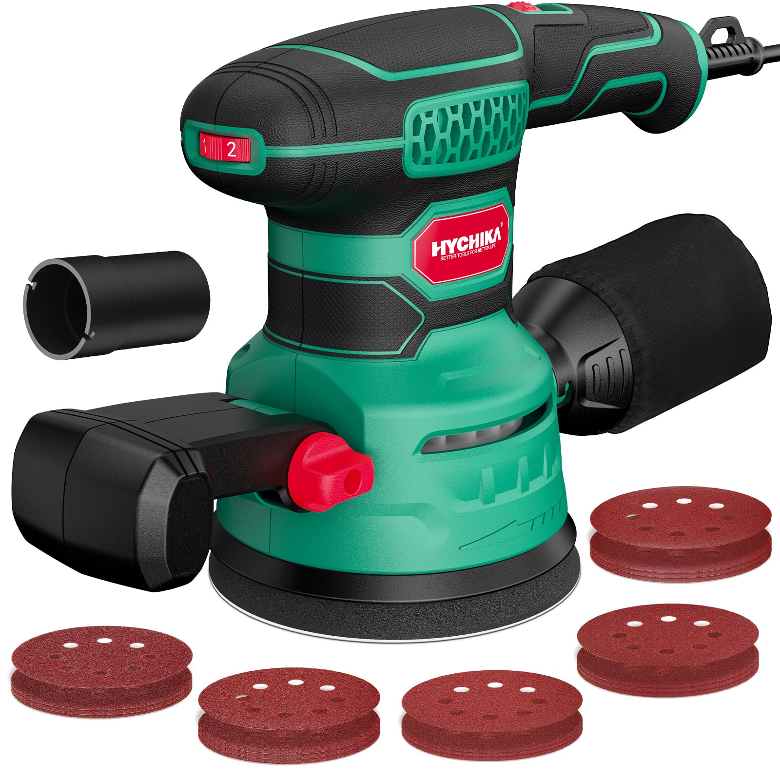 HYCHIKA 450W Exzenterschleifer 125mm, 6 Geschwindigkeiten 6000-12000OPM, effizientes Staubauffangsystem, mit 20PCS 8-Loch Schleifpapier, ideal zum Schleifen von Metall, Holz etc