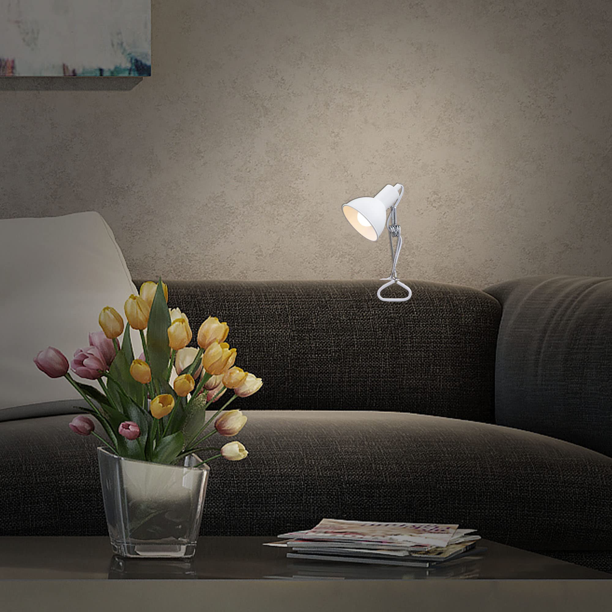 BRILONER - Schreibtischlampe mit Kabelschalter, schwenkbar, E14 Fassung, max. 8 Watt, Klemmlampe, Klemmleuchte, Nachttischlampe, Leselicht Kinder, Bürolampe, Leselampe Bett, 30,5x11x13 cm, Weiß