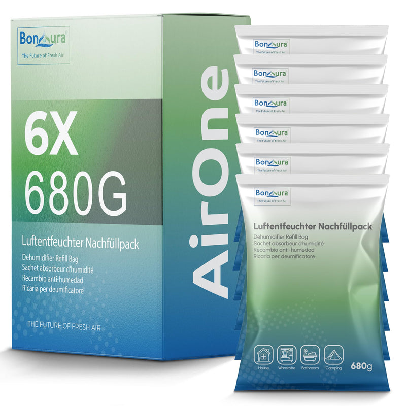 BonAura® Luftentfeuchter Nachfüllpack 6x 680g - Sparset Luftentfeuchter Granulat - 6er Set Entfeuchter Granulat - Schimmel- und Geruchsschutz