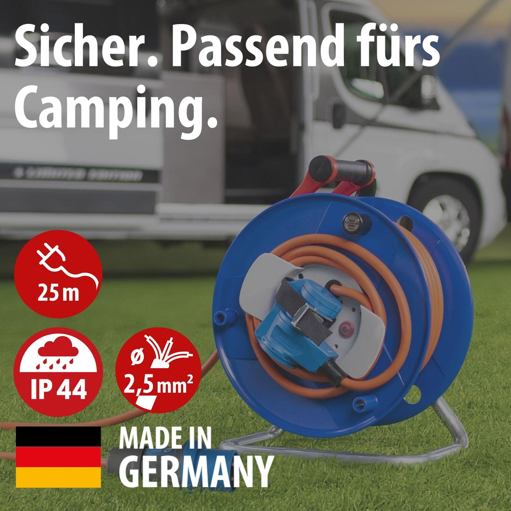 Brennenstuhl Camping-Kabeltrommel / CEE 230V Kabeltrommel 25m (H07RN-F 3G2,5 in orange, CEE-Winkelkupplung inkl. Schutzkontakt-Kombisteckdose, für den ständigen Einsatz außen IP44, Made in Germany)