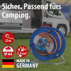 Brennenstuhl Camping-Kabeltrommel / CEE 230V Kabeltrommel 25m (H07RN-F 3G2,5 in orange, CEE-Winkelkupplung inkl. Schutzkontakt-Kombisteckdose, für den ständigen Einsatz außen IP44, Made in Germany)