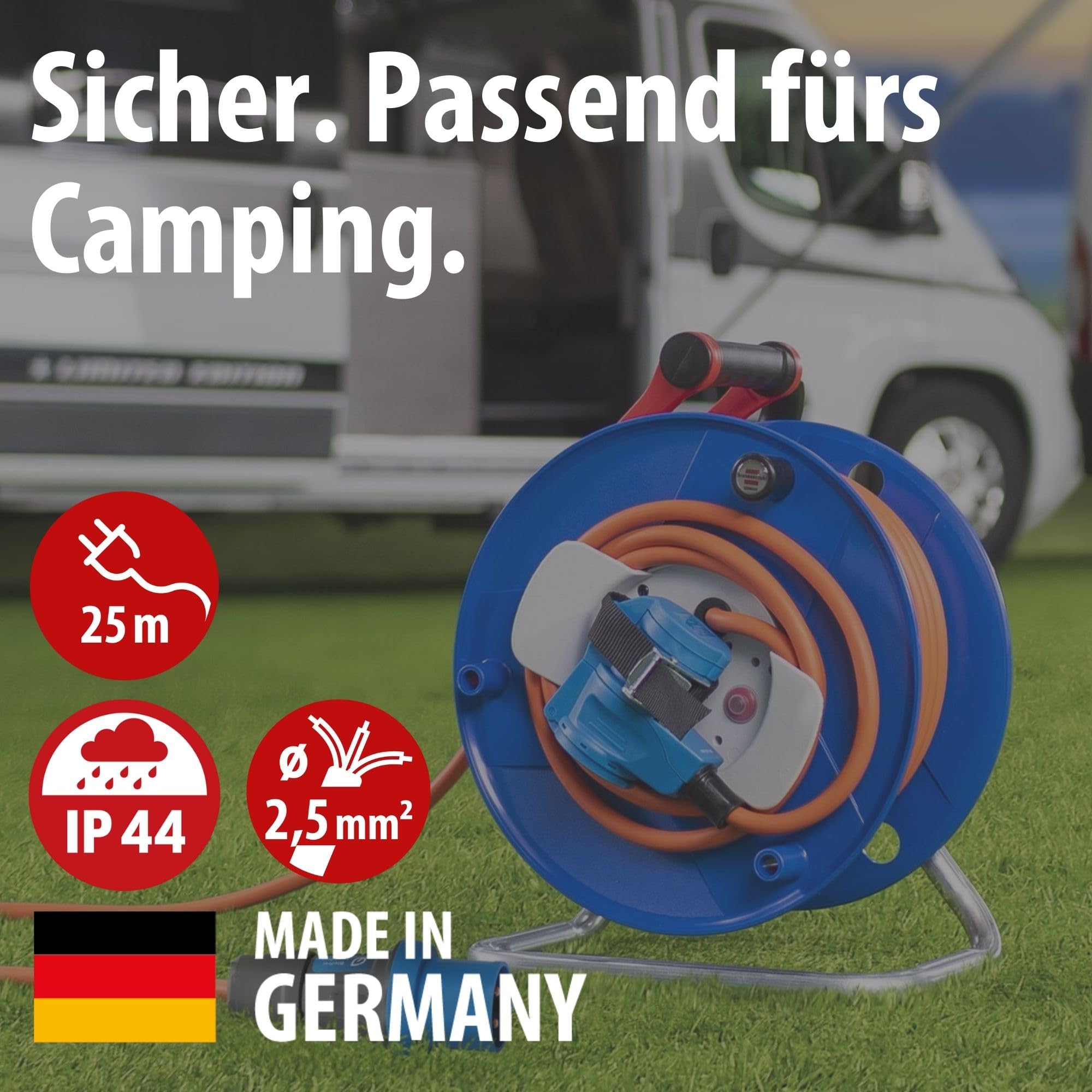 Brennenstuhl Camping-Kabeltrommel / CEE 230V Kabeltrommel 25m (H07RN-F 3G2,5 in orange, CEE-Winkelkupplung inkl. Schutzkontakt-Kombisteckdose, für den ständigen Einsatz außen IP44, Made in Germany)