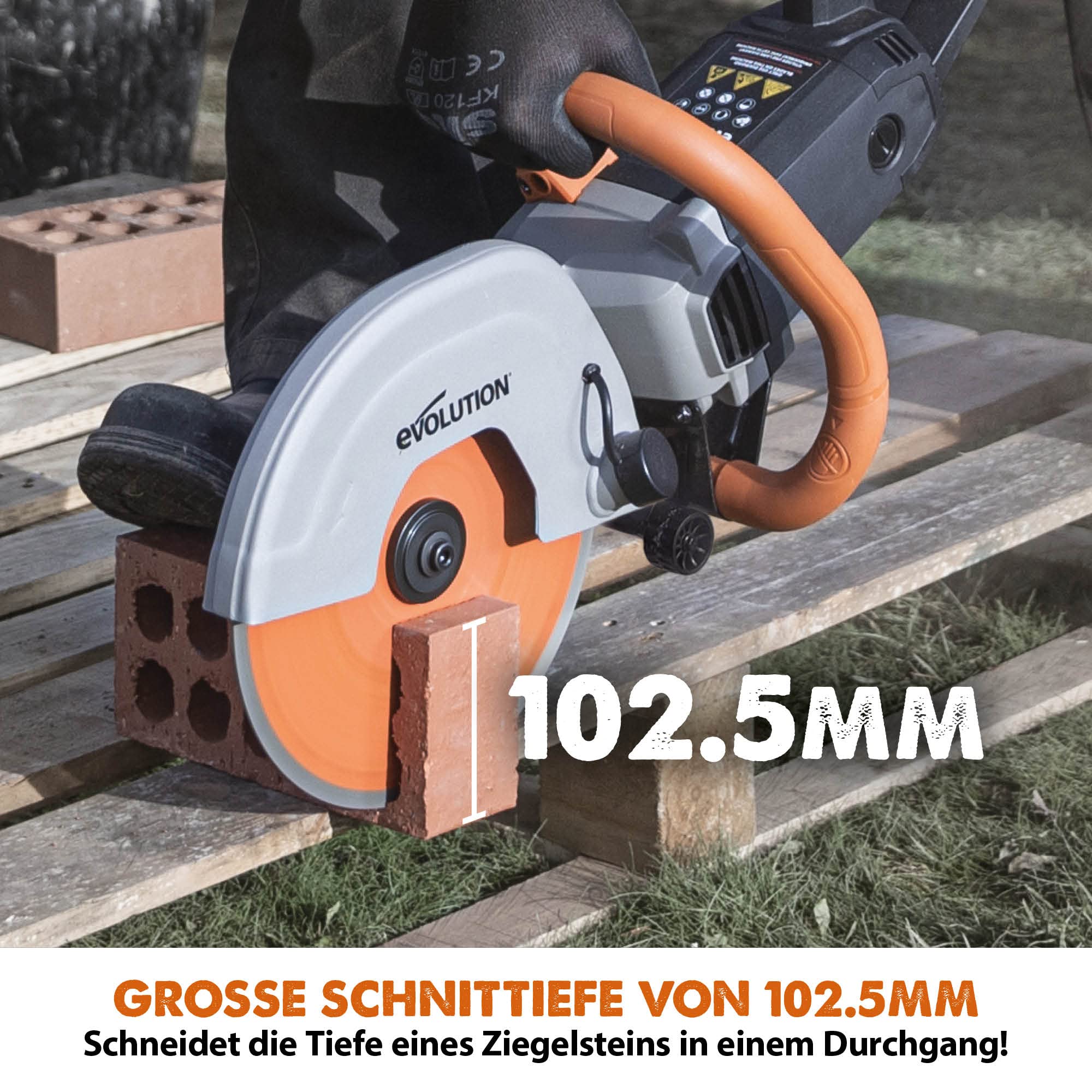 Evolution R255DCT Betonsäge Elektrische Steinsäge 2000W Steinschneidemaschine 255 mm Scheibendurchmesser Sägeblatt Premium Diamantblatt, 102.5 mm Schnitttiefe, schneidet Mauerwerk Gehwegplatten Beton