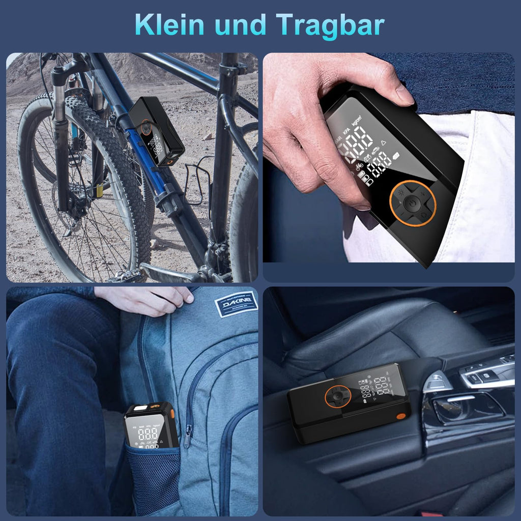 Elektrische Luftpumpe, Luftpumpe Elektrisch mit 10000mAh Akku, 150PSI Tragbar Mini Kompressor mit Manometer, Fahrradpumpe Elektrisch mit Digital LCD Bildschirm für Fahrräder, Motorräder, Auto & Bälle