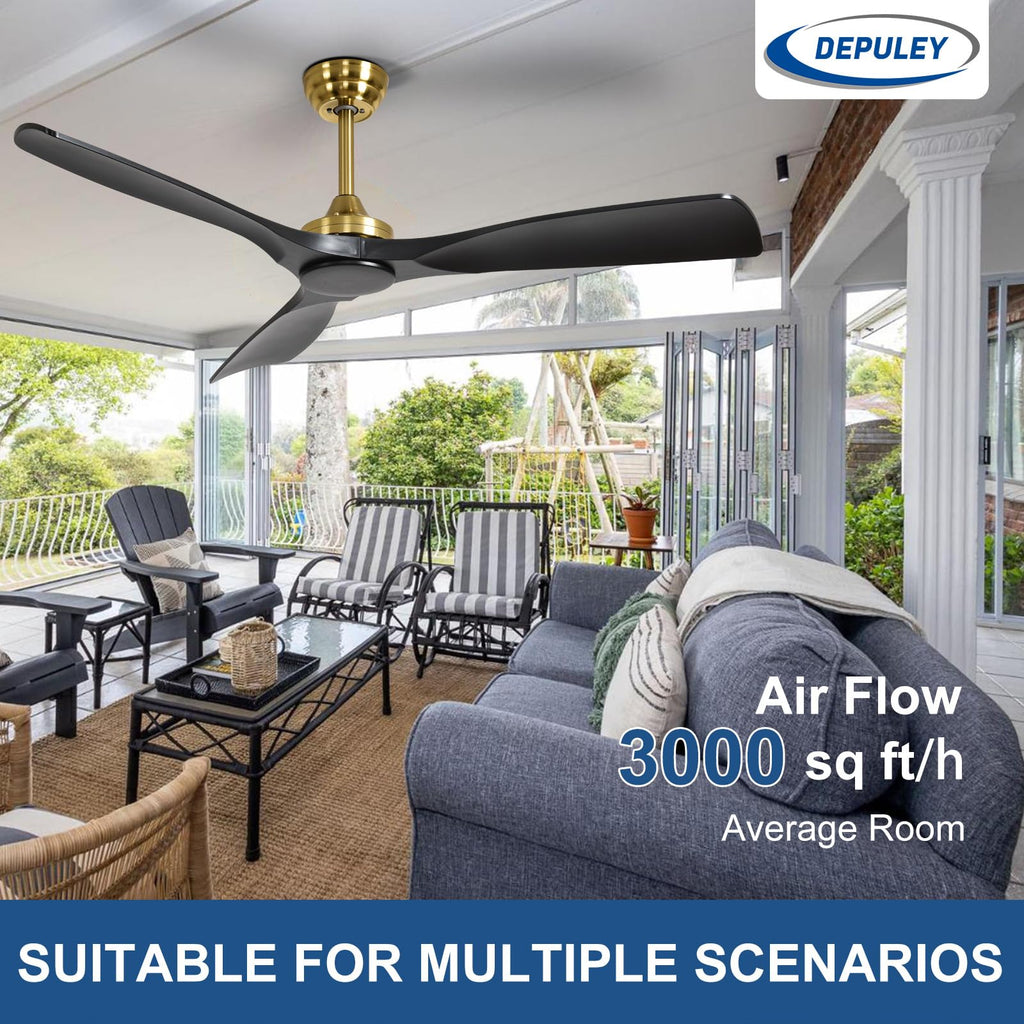 Depuley Groß Deckenventilator ohne Licht: 132CM Ventilator mit Fernbedienung und APP für Terrasse Garten - Leise Deckenventilator, Reversibler DC Timer für Schlafzimmer, Wohnzimmer, Schwarz und Gold