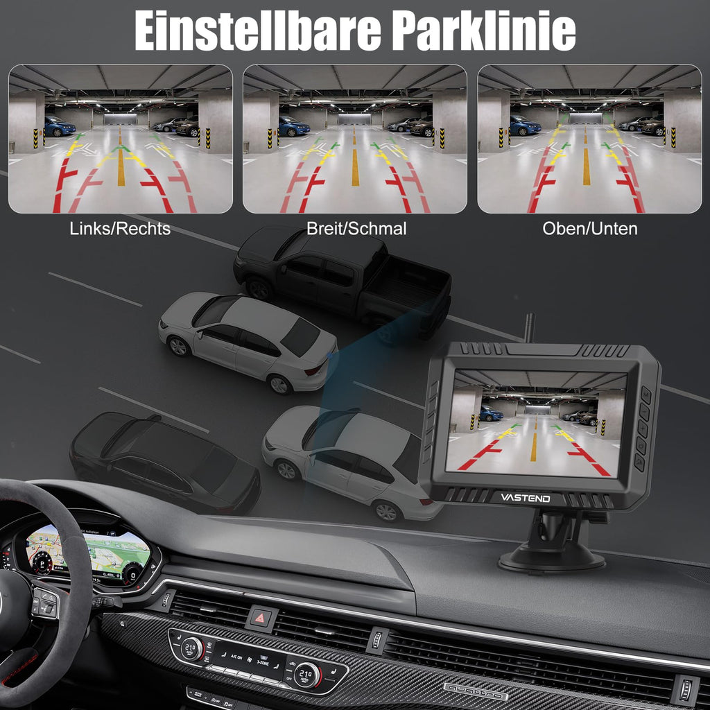 VASTEND Rückfahrkamera Kabellos 5“, 1080P Nachtsicht Monitor Auto Rückfahrkamera Funk, 150° Weitwinkel IP69 wasserdichte Kabelloses Rückfahrkameras System für Wohnwagen, LKW, PKW, SUV, Pickups(VE-5A)