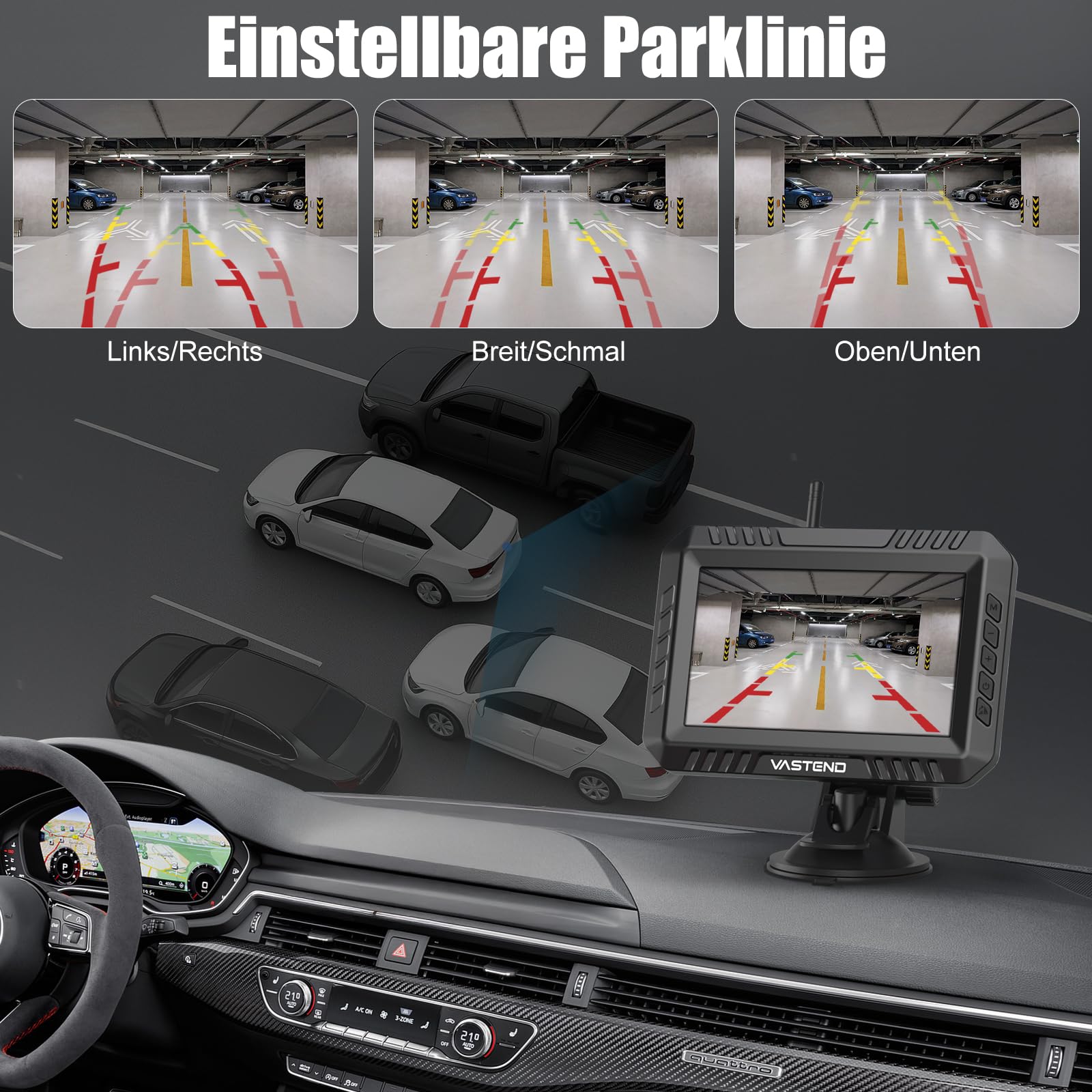 VASTEND Rückfahrkamera Kabellos 5“, 1080P Nachtsicht Monitor Auto Rückfahrkamera Funk, 150° Weitwinkel IP69 wasserdichte Kabelloses Rückfahrkameras System für Wohnwagen, LKW, PKW, SUV, Pickups(VE-5A)