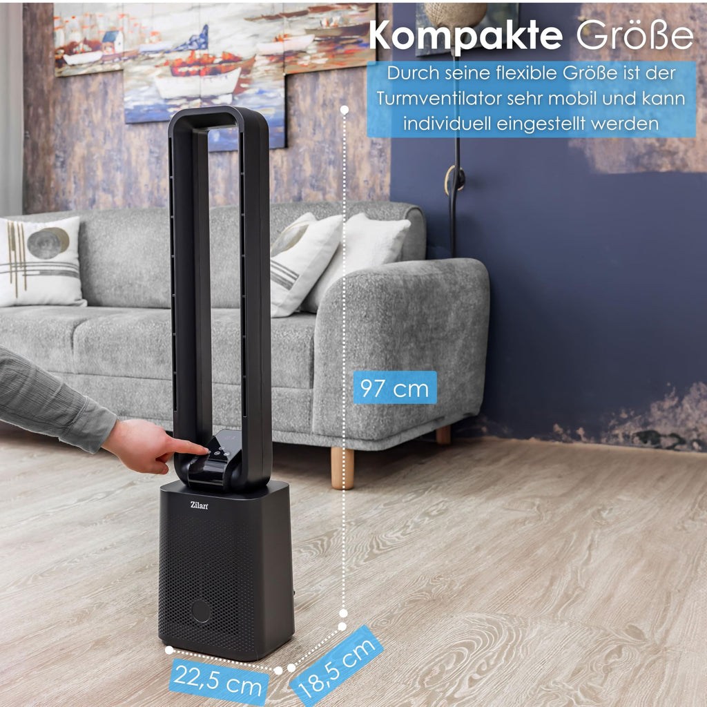 Zilan Turmventilator sehr leise mit Kühlung Standventilator mit Fernbedienung energiesparend oszillierend - Säulenventilator Aircooler Luftkühler Bodenventilator Tower Fan 12 Stufen (Venom Black)