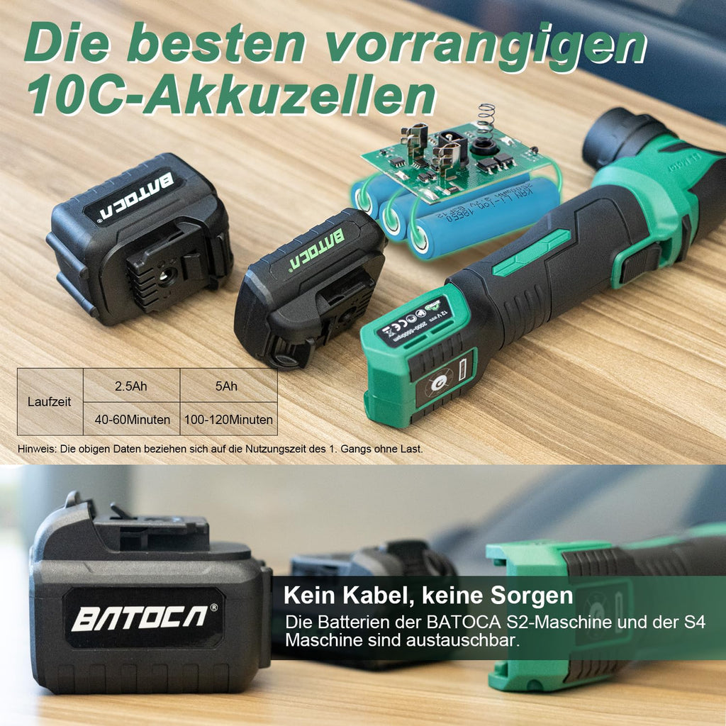 BATOCA S4 Profi Akku Mini Poliermaschine,Rotations&Orbital Polieren,25mm/75mm Rückenplatte,Bürstenloser Motor,Auto Polier Kit für Details,2 12V 2.5Ah Batterien,4 Geschwindigkeiten 2000-5500RPM