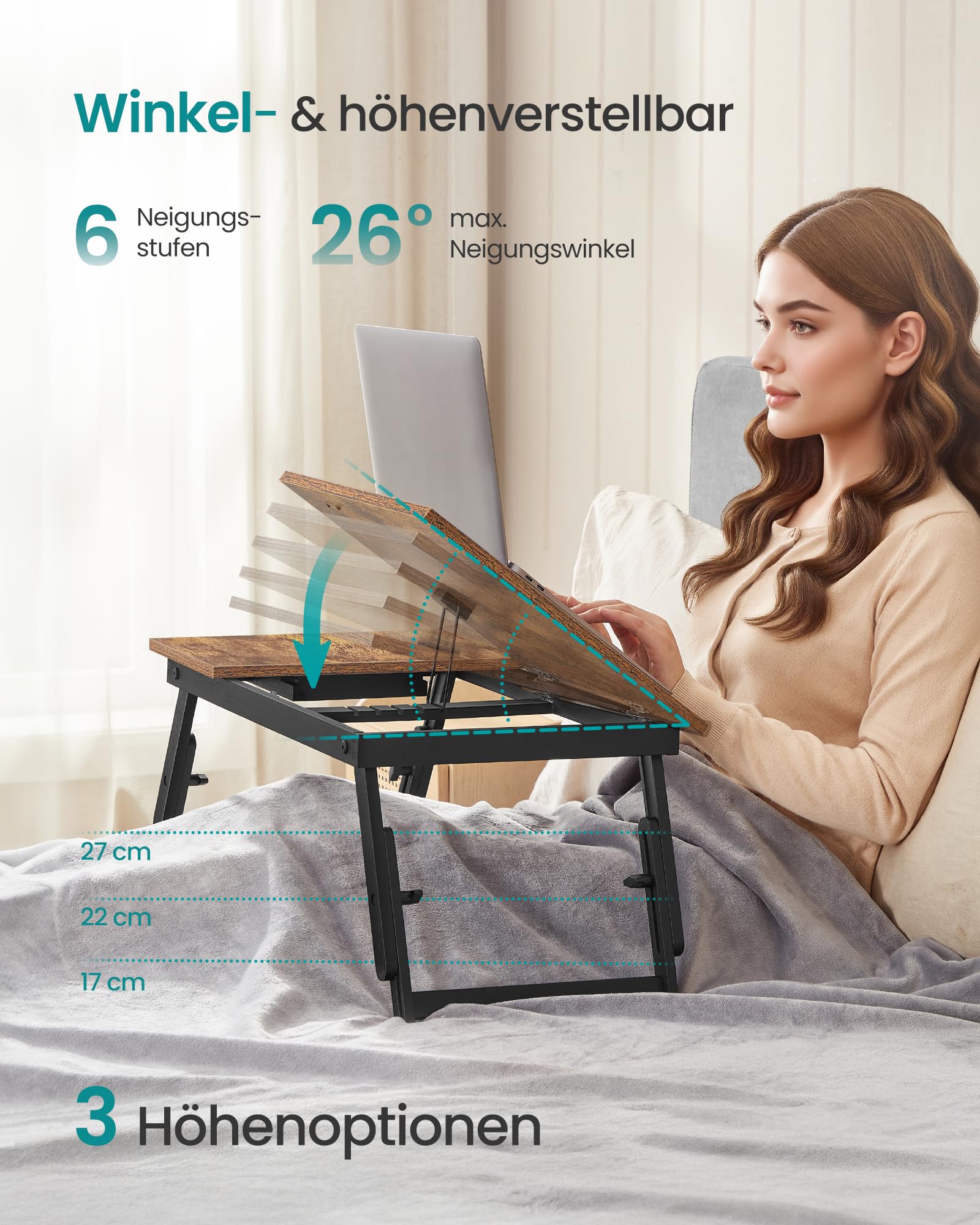 SONGMICS Laptoptisch für Bett, Laptopständer, Winkel- und höhenverstellbar, klappbare Beine, für Laptops bis 15,6 Zoll, Arbeiten, Lesen, Frühstücken, Bambusbeine, Schublade, vintagebraun LLD105B01