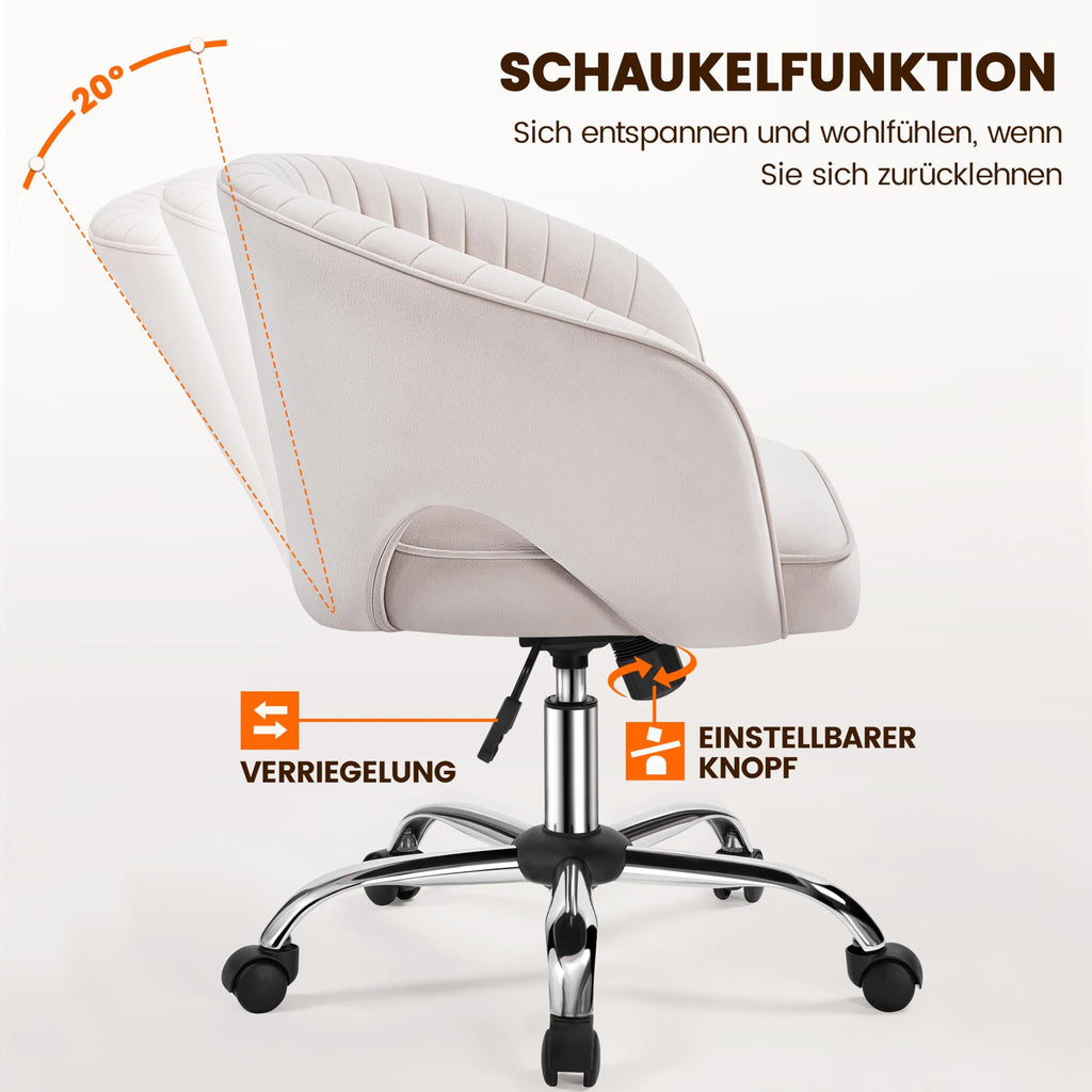 Yaheetech Schminkstuhl mit Samtbezug, Schreibtischstuhl mit Armlehnen, Drehstuhl mit Rollen, Höhenverstellbar Homeoffice Stuhl, Bürosessel mit Schaukelfunktion, drehbar Polsterstuhl Cremeweiß