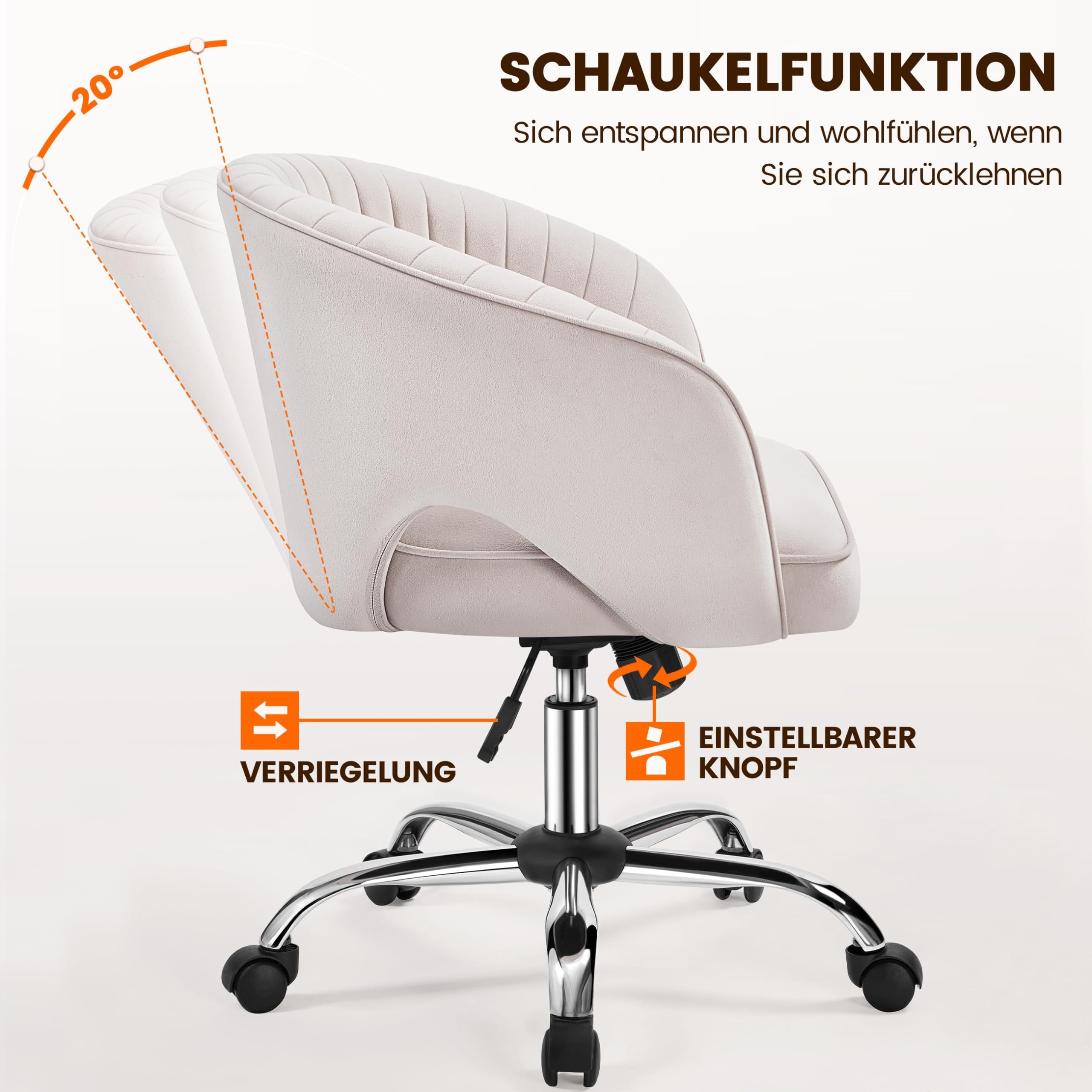 Yaheetech Schminkstuhl mit Samtbezug, Schreibtischstuhl mit Armlehnen, Drehstuhl mit Rollen, Höhenverstellbar Homeoffice Stuhl, Bürosessel mit Schaukelfunktion, drehbar Polsterstuhl Cremeweiß