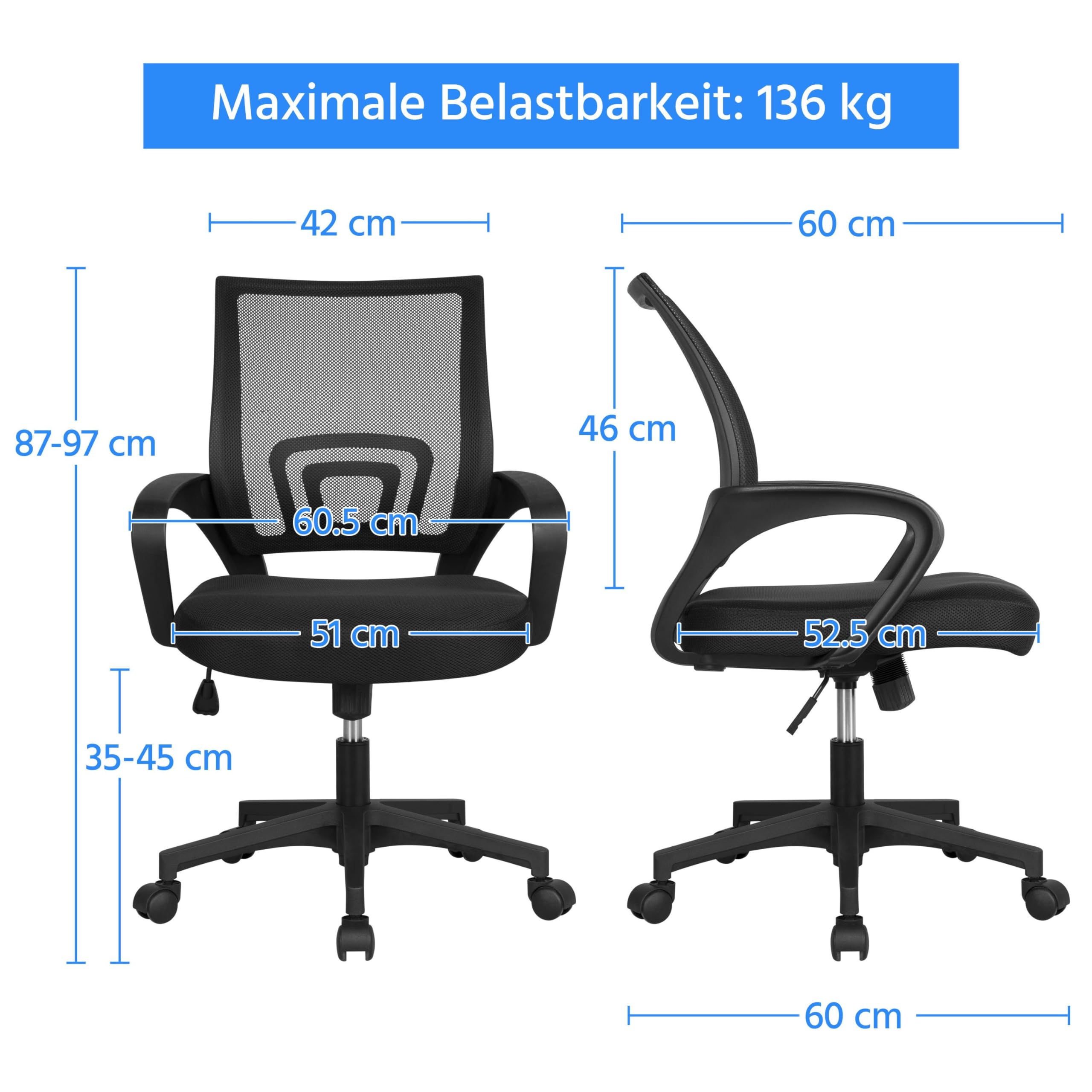 Yaheetech Bürostuhl Ergonomisch, Schreibtischstuhl mit Netzbespannung und Armlehnen, Drehstuhl aus Mesh, Chefsessel Wippfunktion, Höhenverstellbar Rückenschonend bis 136kg Belastbar, Schwarz