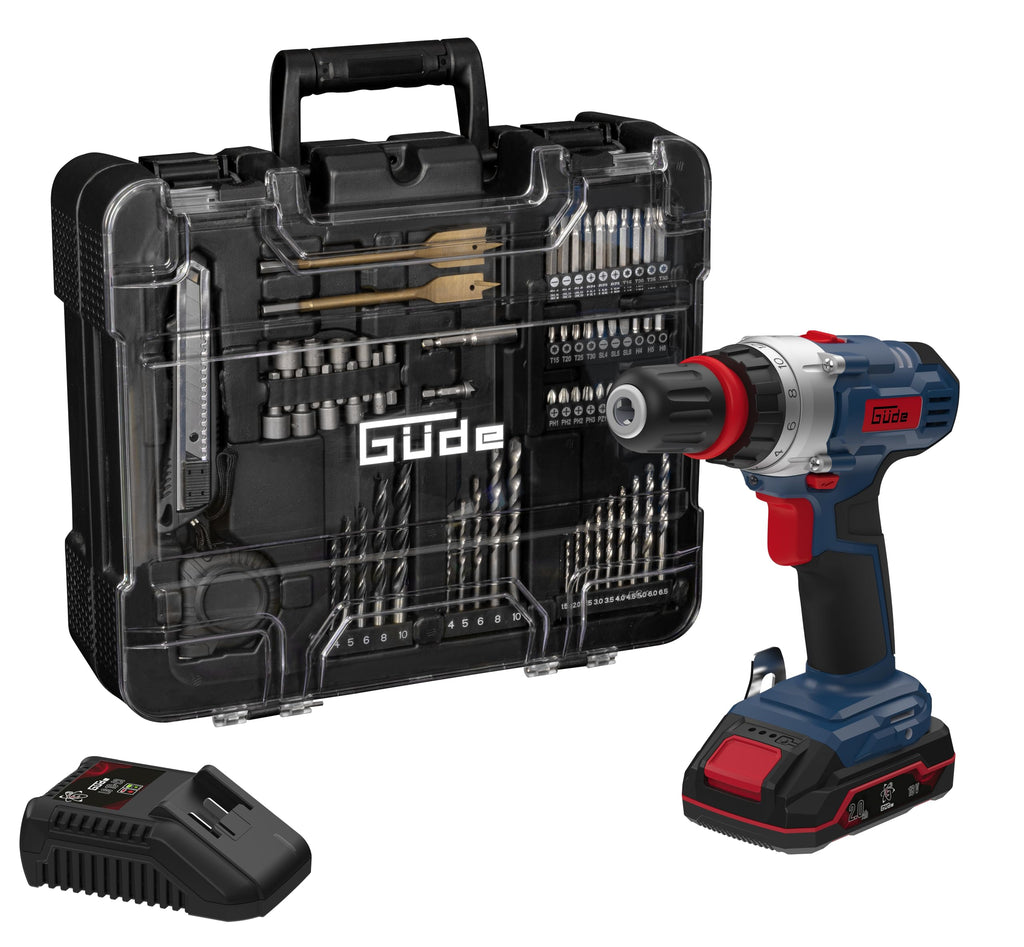 Güde Akku Bohrschrauber BS 18 - Set 126tlg. (18 V, mit Bit-/Bohrer-Set im Koffer, 2-Gang, 19+1 Drehmomentstufen, max. 30 Nm, 10 mm Schnellspannbohrfutter, LED-Licht, inkl. Akku & Schnellladegerät)