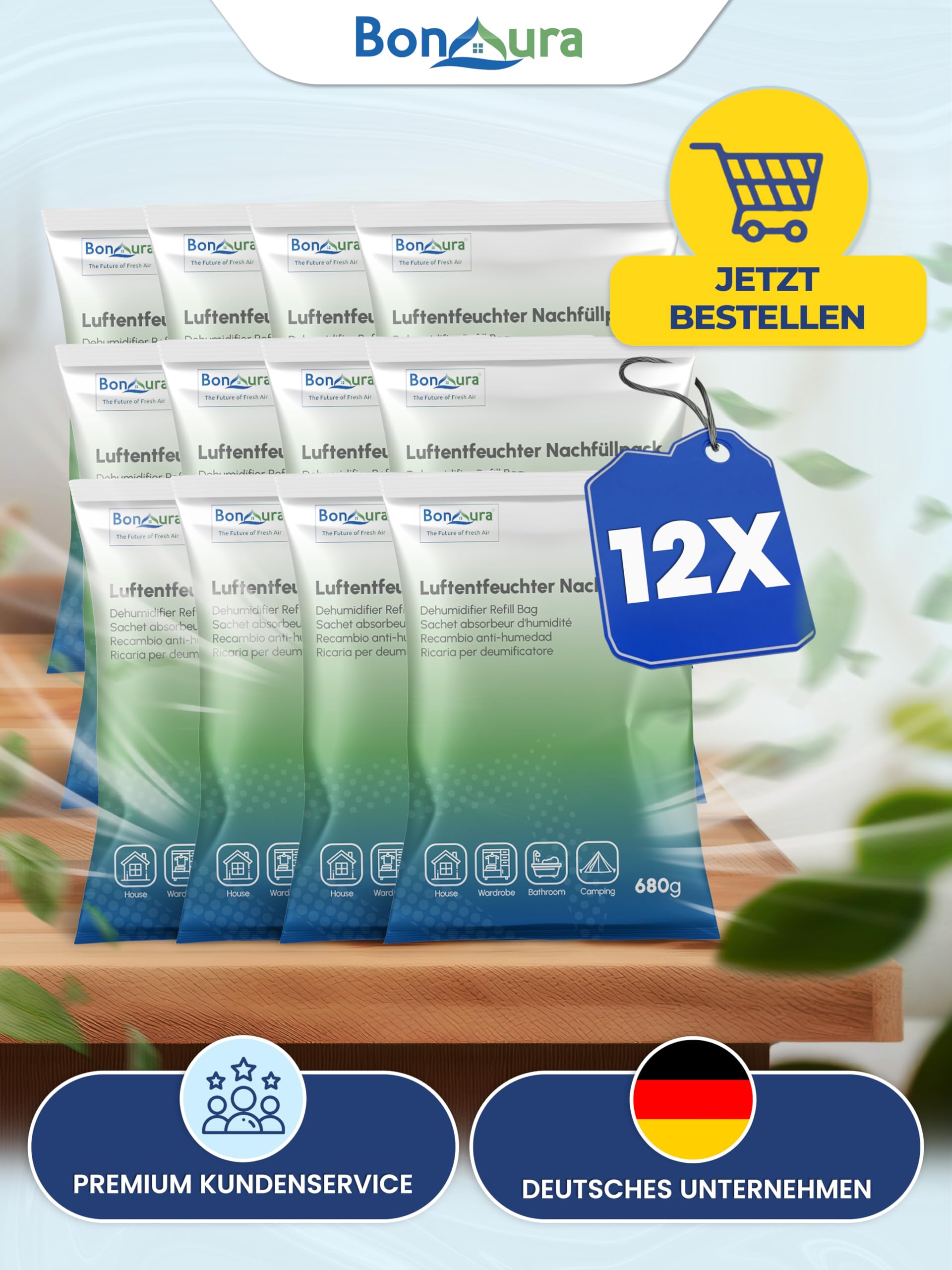 BonAura® Luftentfeuchter Nachfüllpack 12x 680g - Sparset Luftentfeuchter Granulat - 12er Set Entfeuchter Granulat - Schimmel- und Geruchsschutz