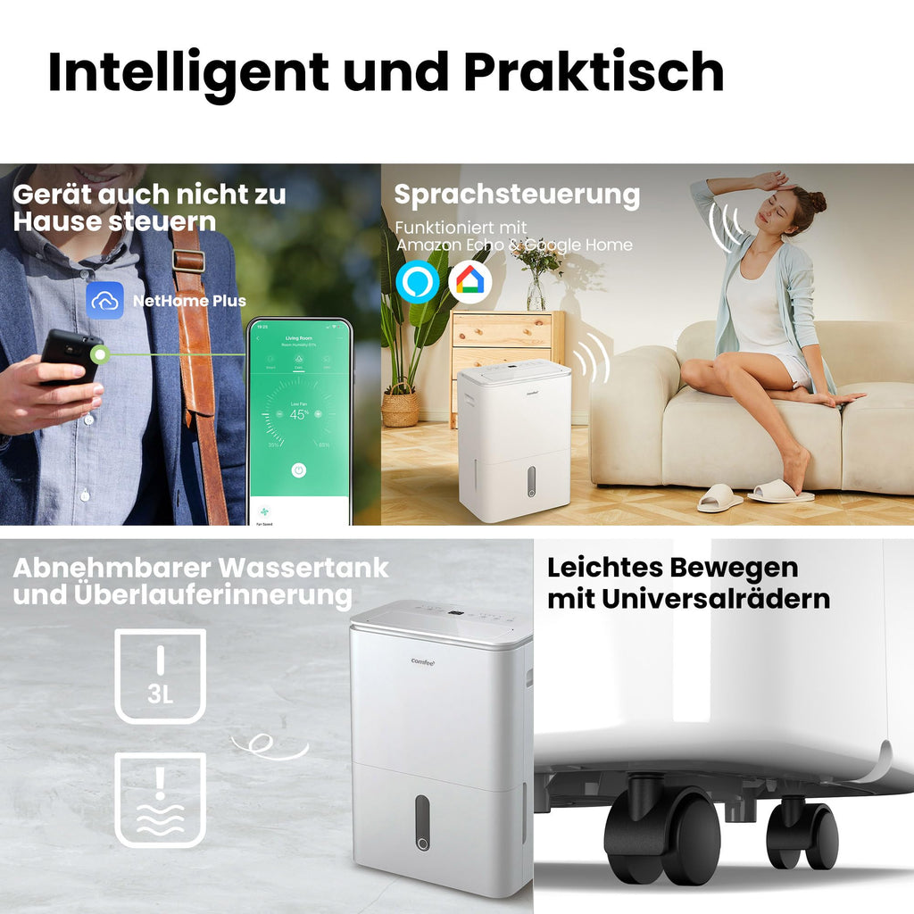 COMFEE' Luftentfeuchter Easy Dry 20L/Tag, 4 Modi, Luftbefeuchter angeschlossen, 3 l Tank, Wäschetrockner, Swing-Funktion, für Räume von 40㎡/100 m³, Weiß