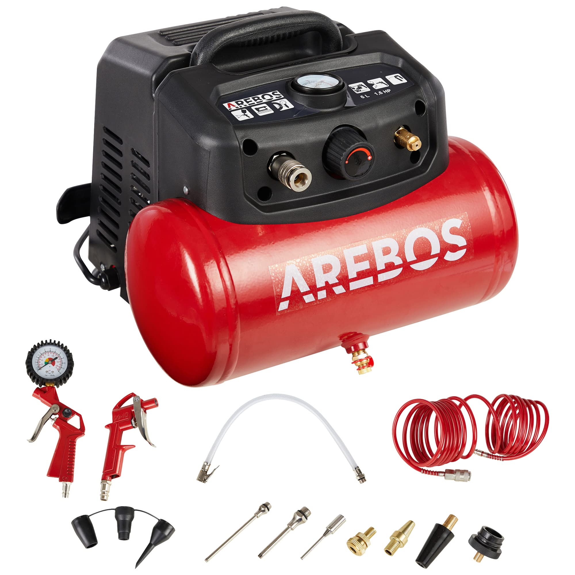 Arebos 6L Druckluftkompressor 1200W | 180 L/min Saugleistung | 8 bar Kompressor inkl. 13-tlg. Druckluft-Werkzeug-Set | Ölfrei & leise | Abschaltautomatik | Kompakt, mobil & robust | inkl. 2 m Kabel
