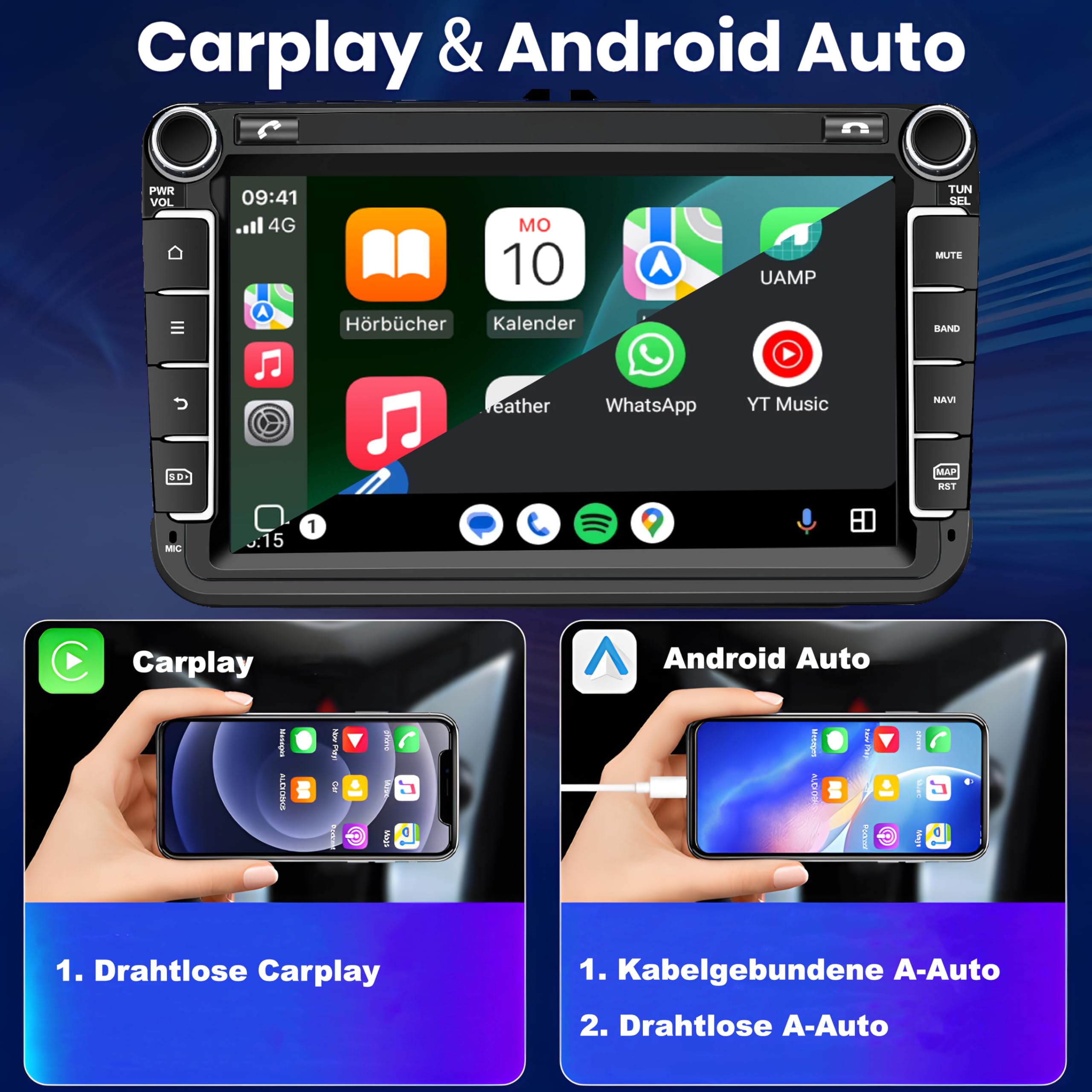 M.I.C. AV8V7 Android 13 Autoradio mit Navigation: Snapdragon 665, 4G+64GB, 8 Zoll IPS Display, SIM, Wireless Apple CarPlay & Android Auto, DAB+, CANBUS, GPS – für VW/ŠKODA/SEAT (RNS/RCD Ersatz)