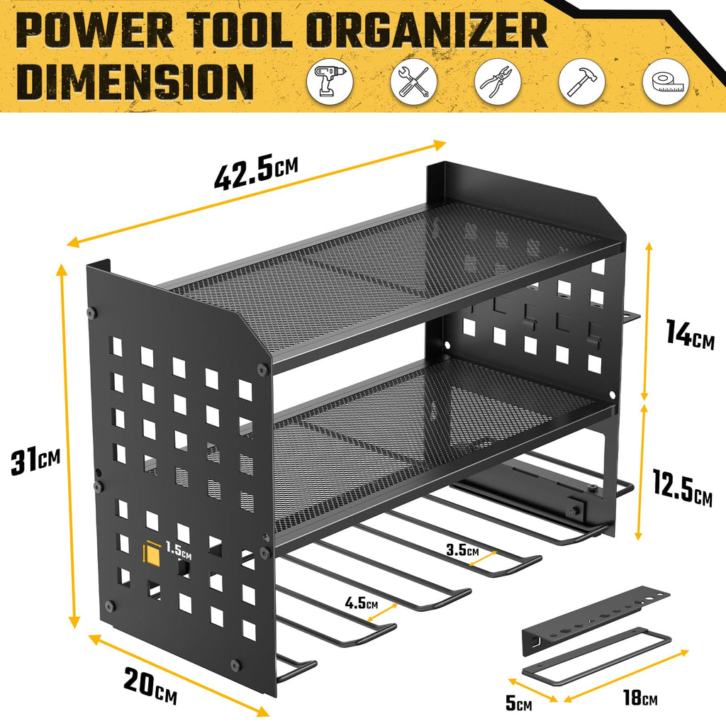 Yeabett 3 Ebenen Werkzeug Wandhalterung, Werkzeugspeicher Aufbewahrung für 4 Elektrowerkzeug, Werkzeug Wandhalterung für Garage, Werkstatt, 42.5 * 20 * 31cm (Schwarz)