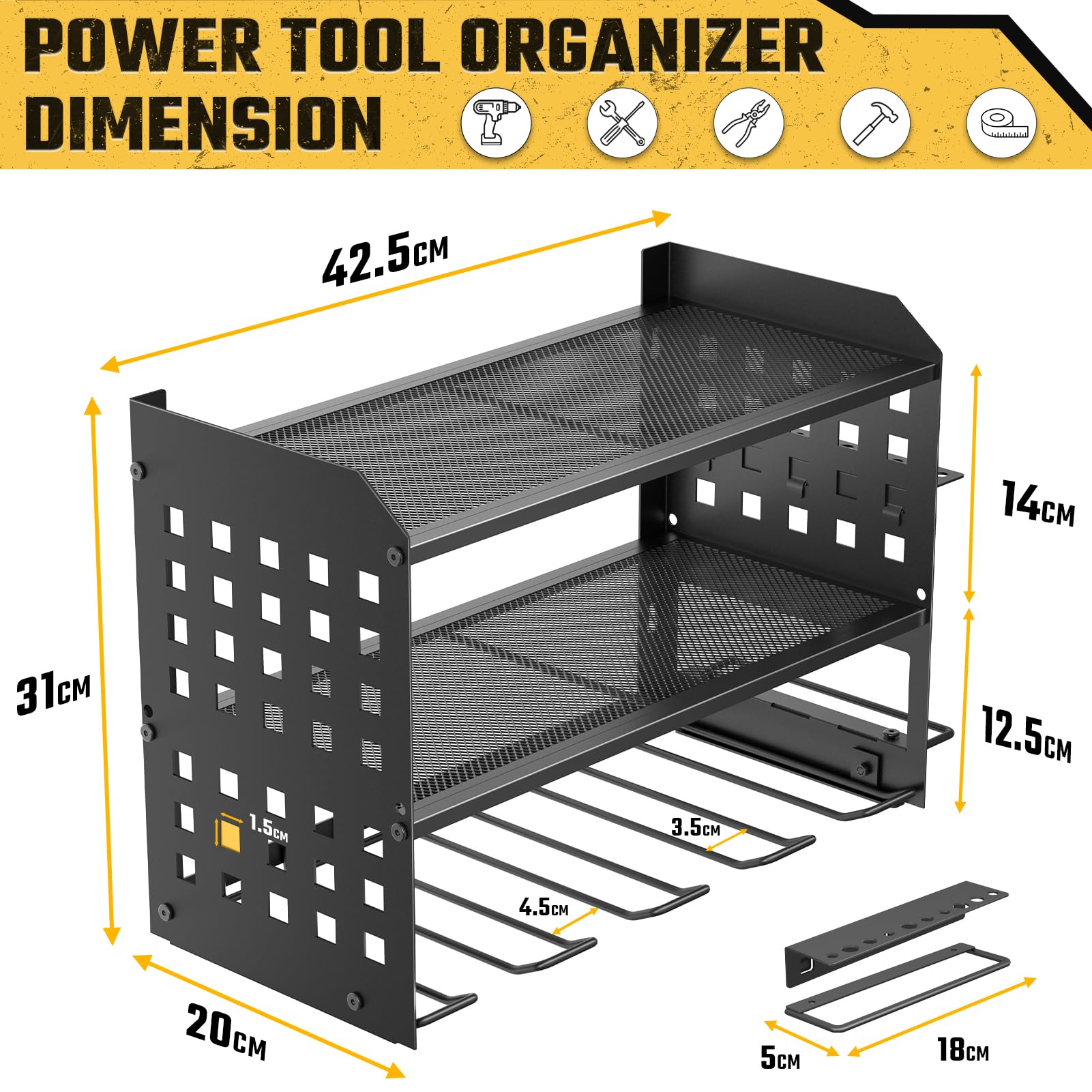 Yeabett 3 Ebenen Werkzeug Wandhalterung, Werkzeugspeicher Aufbewahrung für 4 Elektrowerkzeug, Werkzeug Wandhalterung für Garage, Werkstatt, 42.5 * 20 * 31cm (Schwarz)