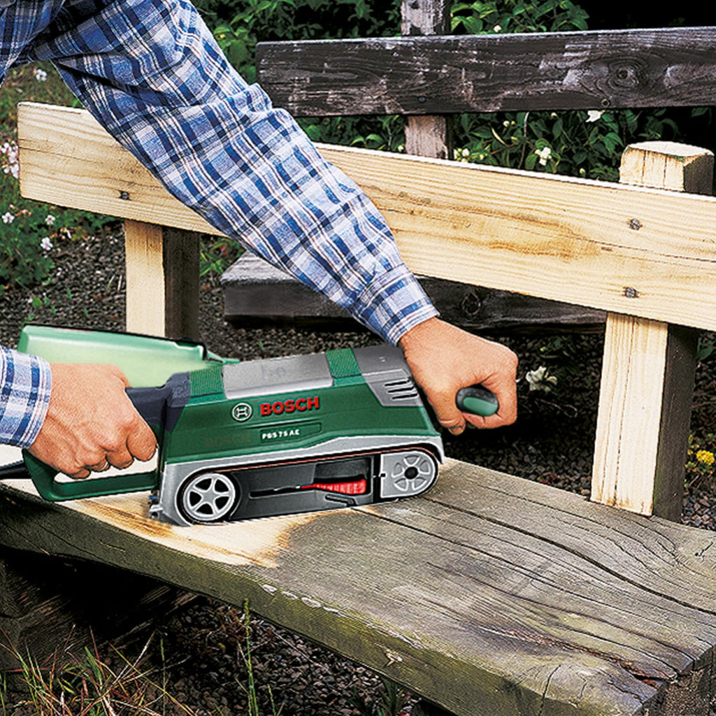 Bosch Bandschleifer PBS 75 AE Set (750 W, Bandgeschwindigkeit 200-350 m/min, Schleiffläche 165x76 mm, im Koffer)