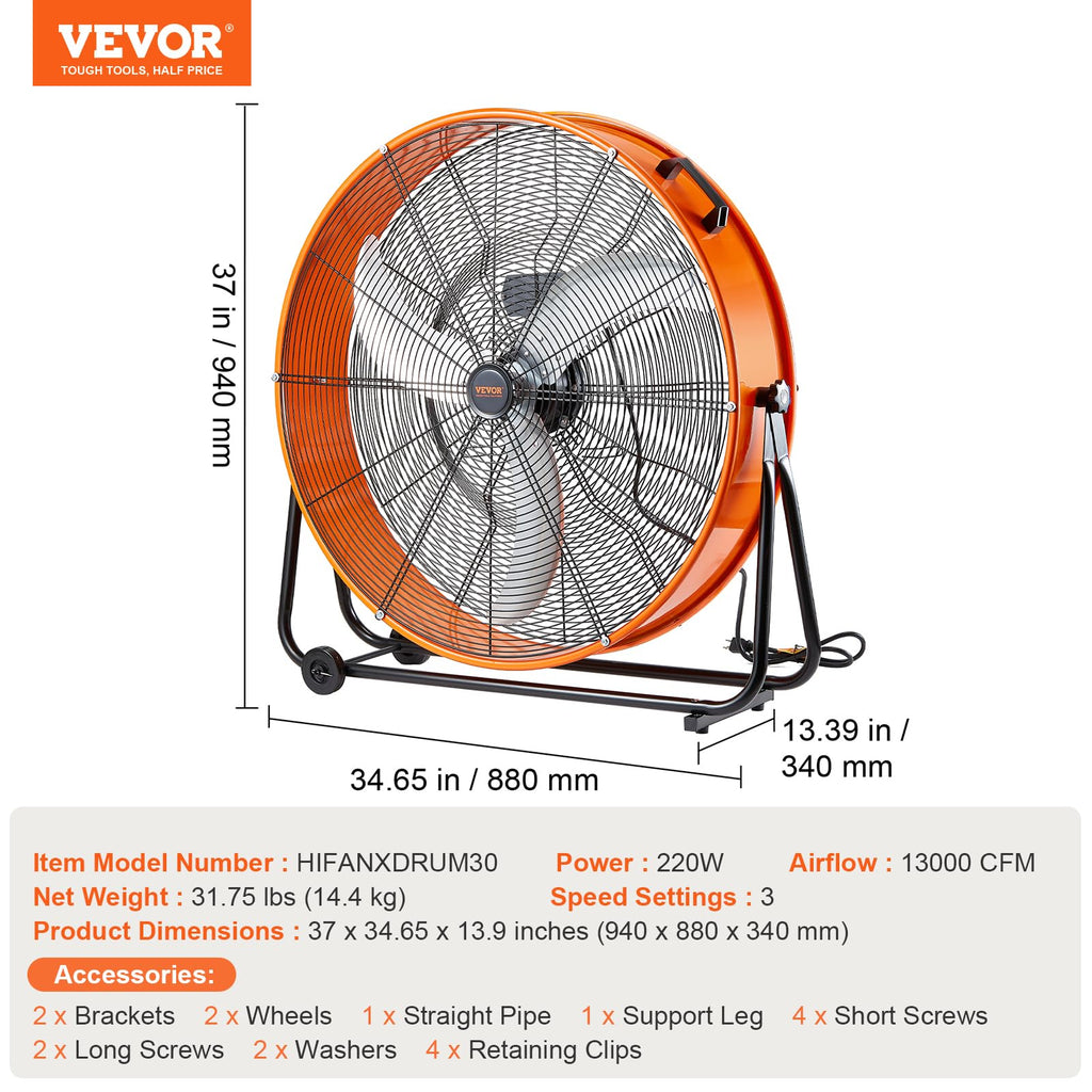 VEVOR Trommelventilator, 30 Zoll Industrie-Ladenventilator, Bodenventilator mit 3 Gänge, Trommelgebläse 13000 CFM, Standventilator 360° verstellbarer, Windmaschine für Lager, Werkstatt, Fabrik, Keller