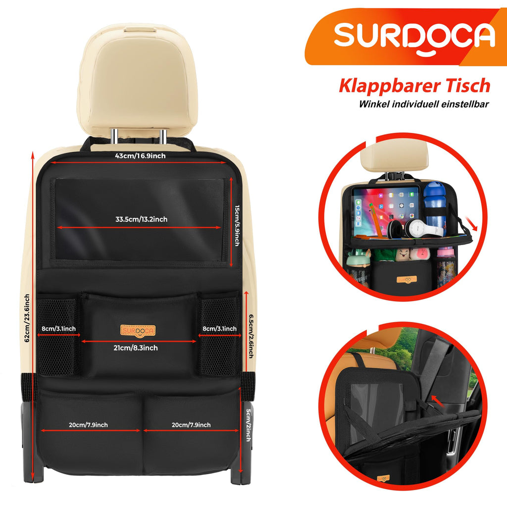 SURDOCA Auto Organizer Kinder mit Klapptisch – Rücksitz Organizer mit Touchscreen-Tabletfach, Wasserdichter Rückenlehnenschutz, passt in die meisten Fahrzeuge - (2 Stk.)