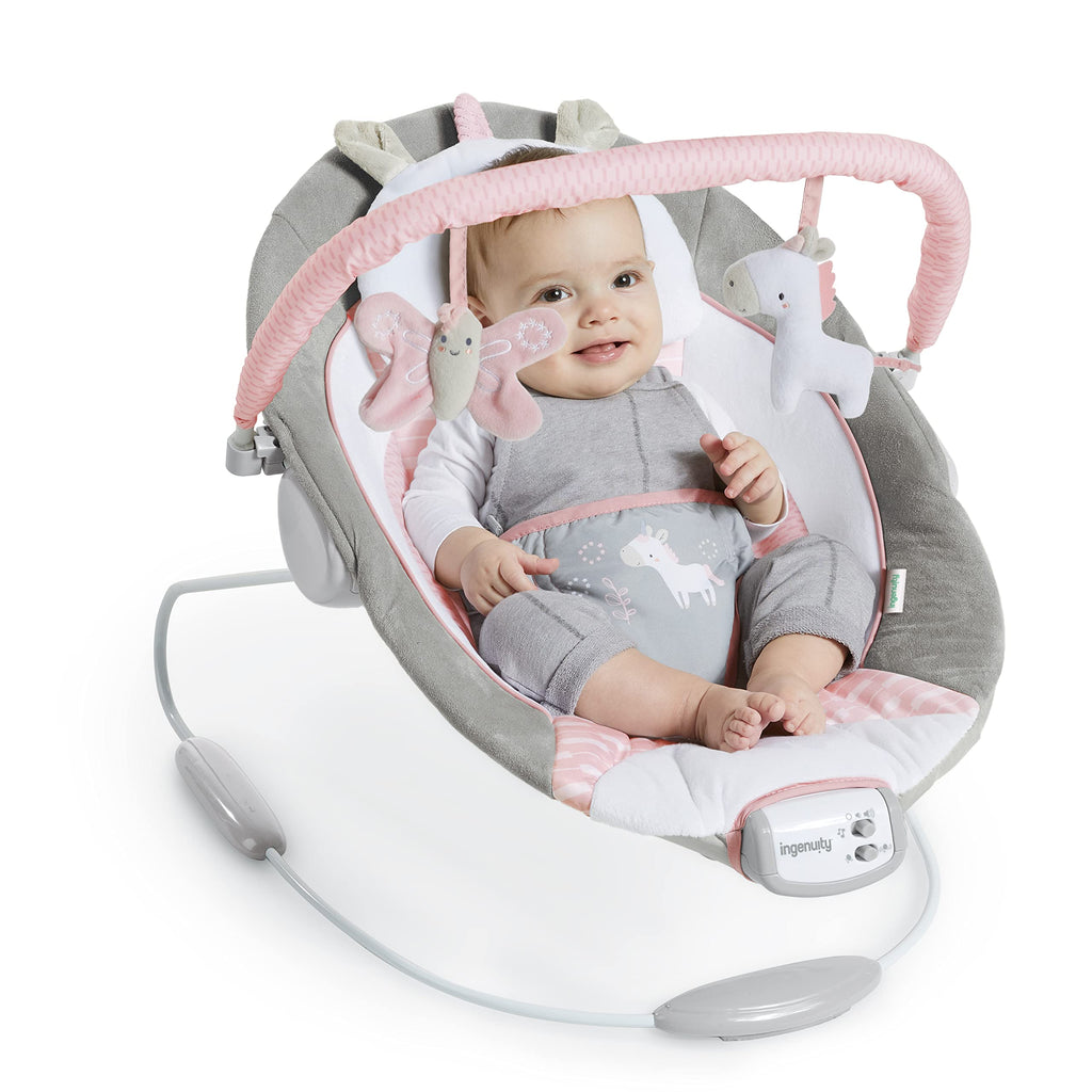 Ingenuity, Babywippe Babyschaukel mit Vibration und 8 Melodien, abnehmbare spielbogen, gepolsterter Kopfstütze, Sicherheitsgurt, Babysitz ,Lautstärkeregler, grau / rosa, ab der Geburt bis 9kg