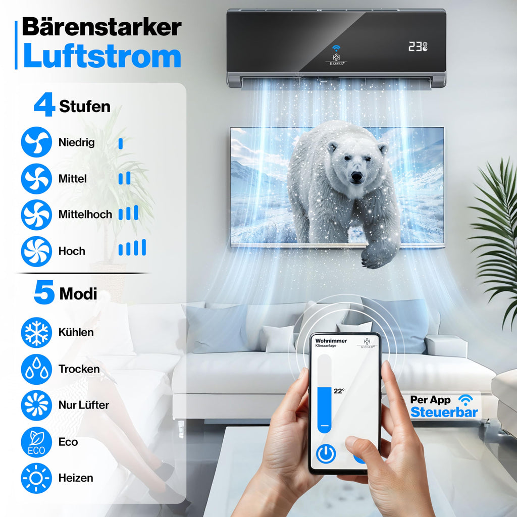 KESSER® Split Klimaanlage Set Quick Connect 12000 BTU 3,4 kW – WiFi & App Klimagerät mit Heizfunktion & Kühlmodus Wandklimaanlage, mit Kupferleitung Kältemittel R32 Inkl. Montagematerial