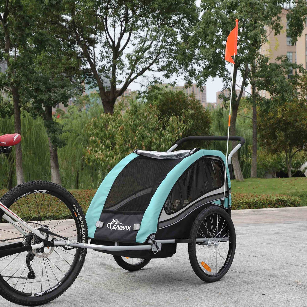 SAMAX Fahrradanhänger Jogger 2in1 360° drehbar Kinderanhänger Kinderfahrradanhänger Transportwagen vollgefederte Hinterachse für 2 Kinder in Türkis - Black Edition