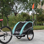 SAMAX Fahrradanhänger Jogger 2in1 360° drehbar Kinderanhänger Kinderfahrradanhänger Transportwagen vollgefederte Hinterachse für 2 Kinder in Türkis - Black Edition