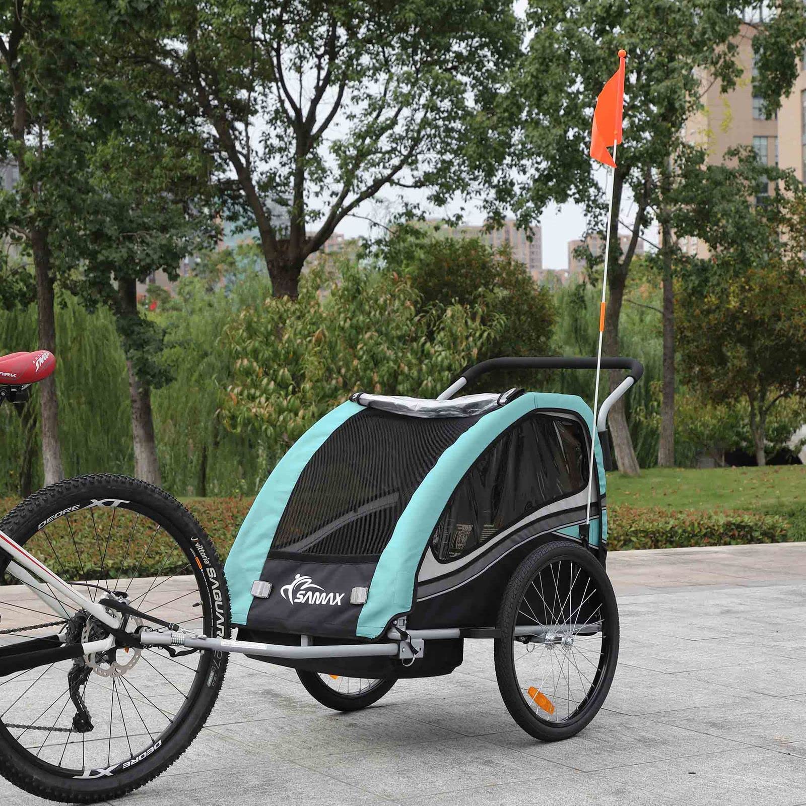 SAMAX Fahrradanhänger Jogger 2in1 360° drehbar Kinderanhänger Kinderfahrradanhänger Transportwagen vollgefederte Hinterachse für 2 Kinder in Türkis - Black Edition