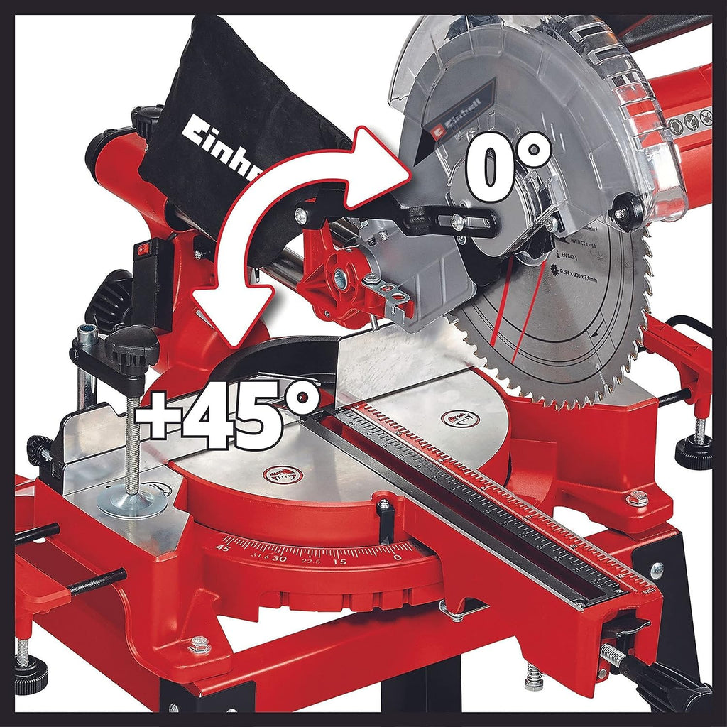 Einhell Zug-Kapp-Gehrungssäge TC-SM 2531/2 U (1900 W, max. 70 mm x 310 mm Schnitttiefe/-breite, Ø 254 mm Sägeblatt, Untergestell, neigbarer Sägekopf, Zugfunktion, Laser)