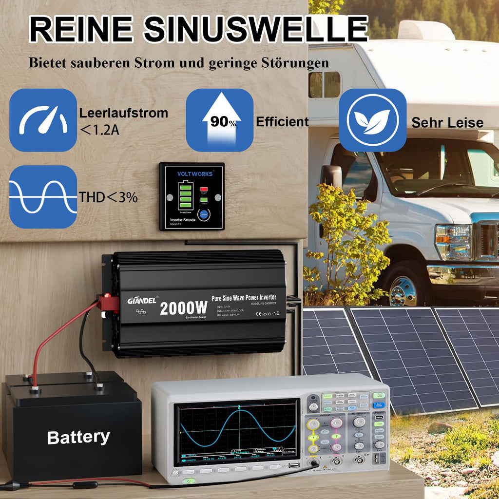 GIANDEL 2000W Wechselrichter 12V auf 230V Reiner Sinus KFZ Spannungswandler Kompatibel mit LiFePO4 Power Inverter mit Fernbedienung und USB Anschlüsse für Wohnmobil LKW Auto Camping