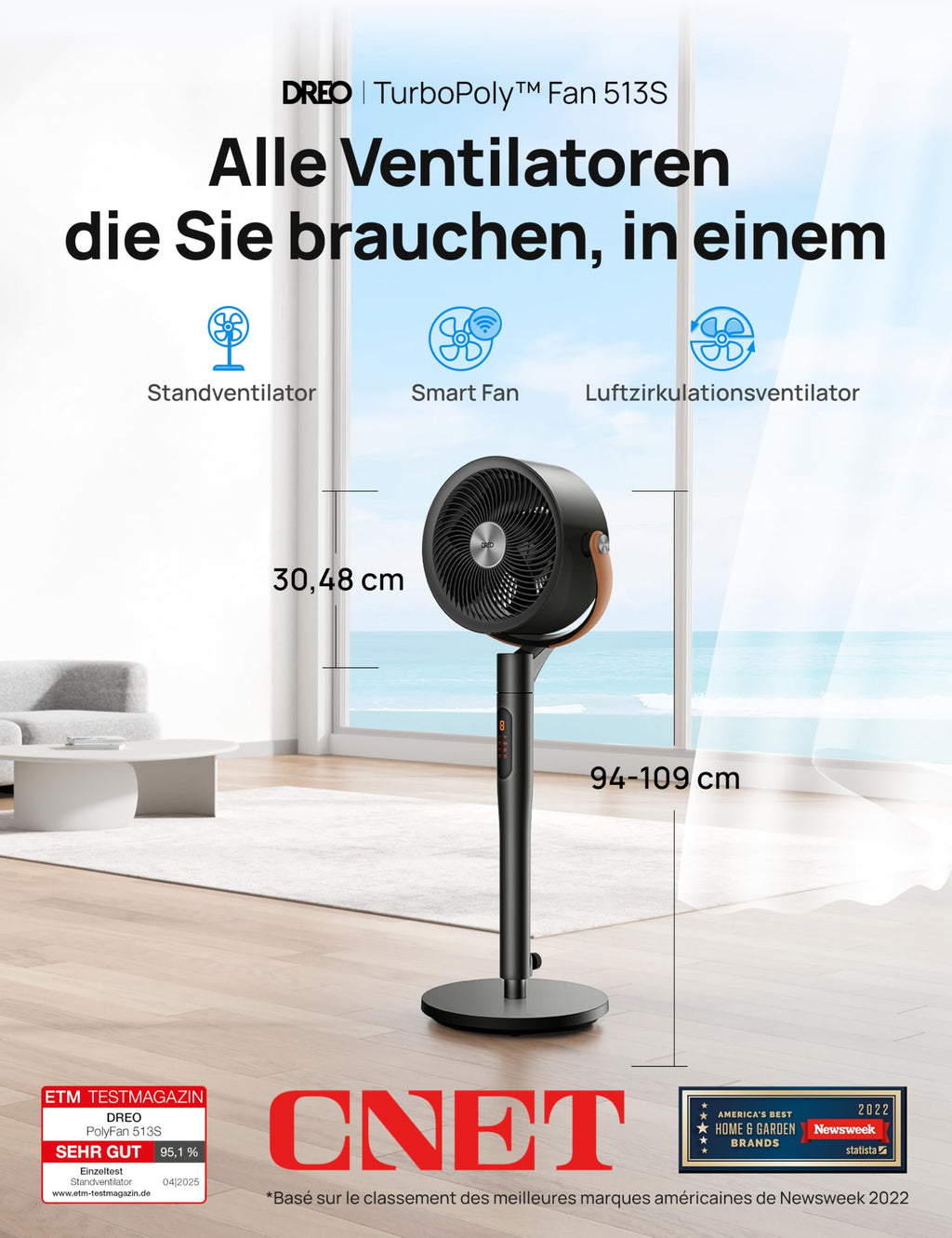 Dreo 25dB leiser Smart Standventilator, 120°+105°Omni-direktional oszillierend Ventilator mit Fernbedienung, 30M Windentfernung, 1650m³/h Luftvolume Turbo-Luftzirkulator Fans, 6 Modi 8-Geschwindigkeit