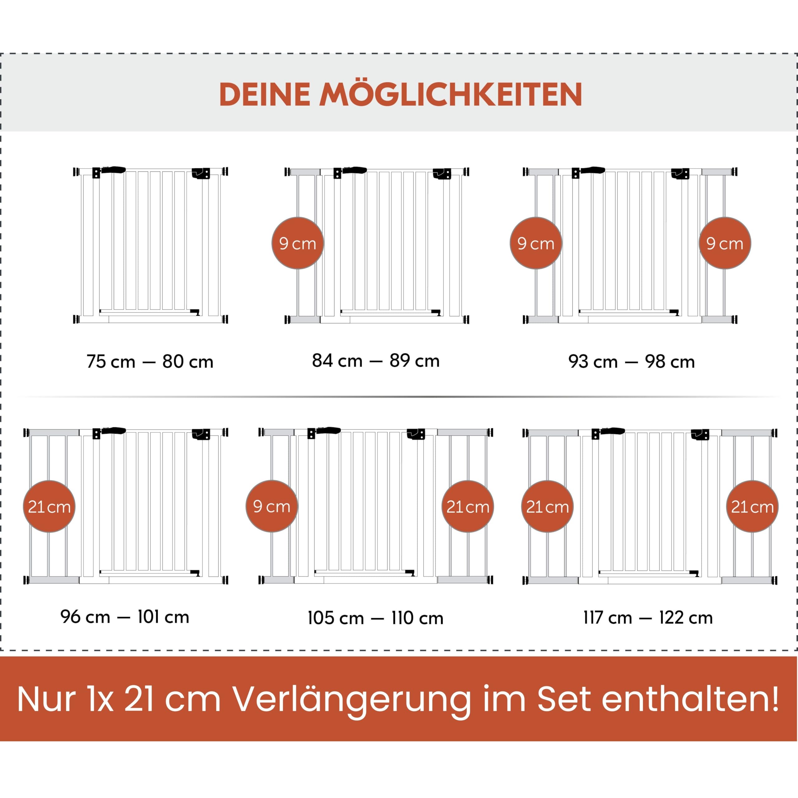hauck Clear Step 2 + 21 cm Verlängerung, Weiß - Kinderschutzgitter Hundegitter, Verstellbare Breite 96-101 cm, 77 cm Hoch, Flacher Einstieg, Einhand Öffnung, ohne Bohren, für Innen