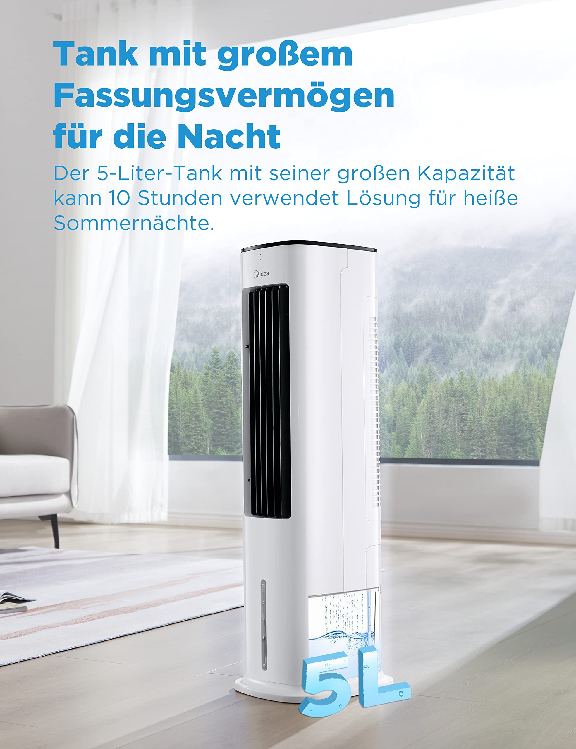 Midea Silent Air Cooler Pro 4-in-1 Mobile Klimaanlage Leiser:Luftkühler,Turmgebläse,Luftbefeuchter und Luftreiniger,mit Fernbedienung,5L Wassertank,355m³/h Luftdurchsatz,55W,LED-Display,Timer,Weiß