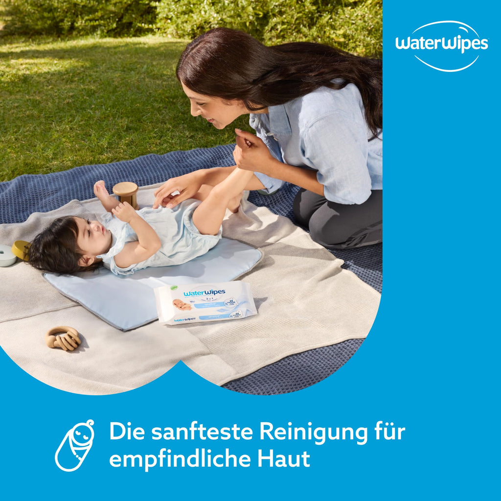 WaterWipes Sensitive+ Newborn & Baby Wipes, Feuchttücher für Neugeborene und Babys, 720 Stück (12 Packungen), 3-in-1-Reinigung, Pflege, Schutz, 99,9% Wasser, parfümfrei