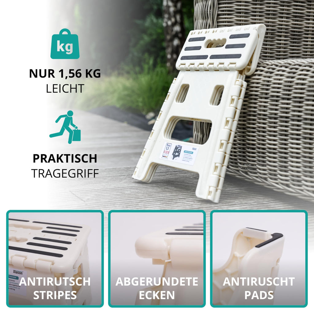 VERGLEICHSSIEGER - Alason® Tritthocker Klappbar 39 cm, Belastbar bis 200 kg – Mit Aufhängehaken & Aufbewahrungstasche – Platzsparender, Faltbarer Hocker in Weiß/Beige für Zuhause, Küche, Bad & Garage