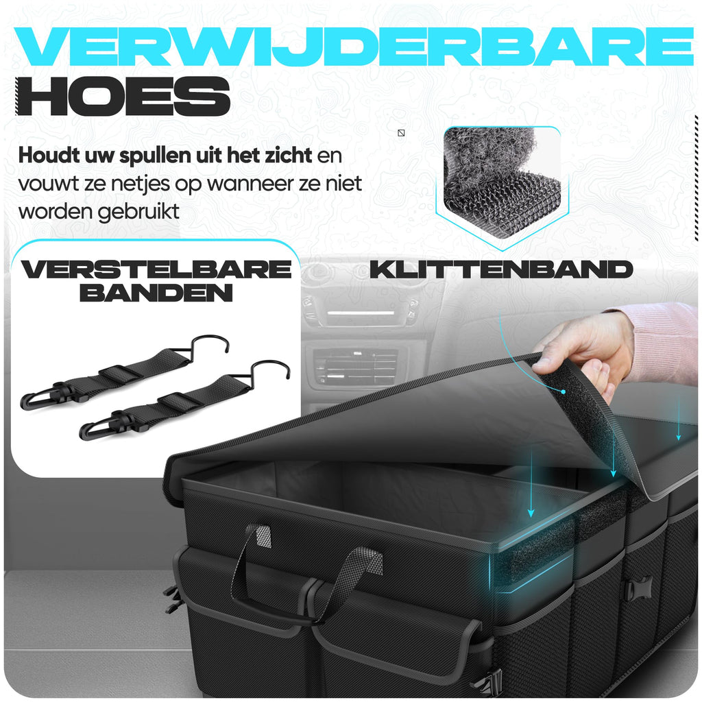 FORTEM Kofferraum Organizer, Kofferraumtasche, Zusammenklappbarer Auto Organizer Kofferraum mit Fächern, Rutschfester Boden, Verstellbare Sicherungsriemen, Klappbarer Deckel (Schwarz)